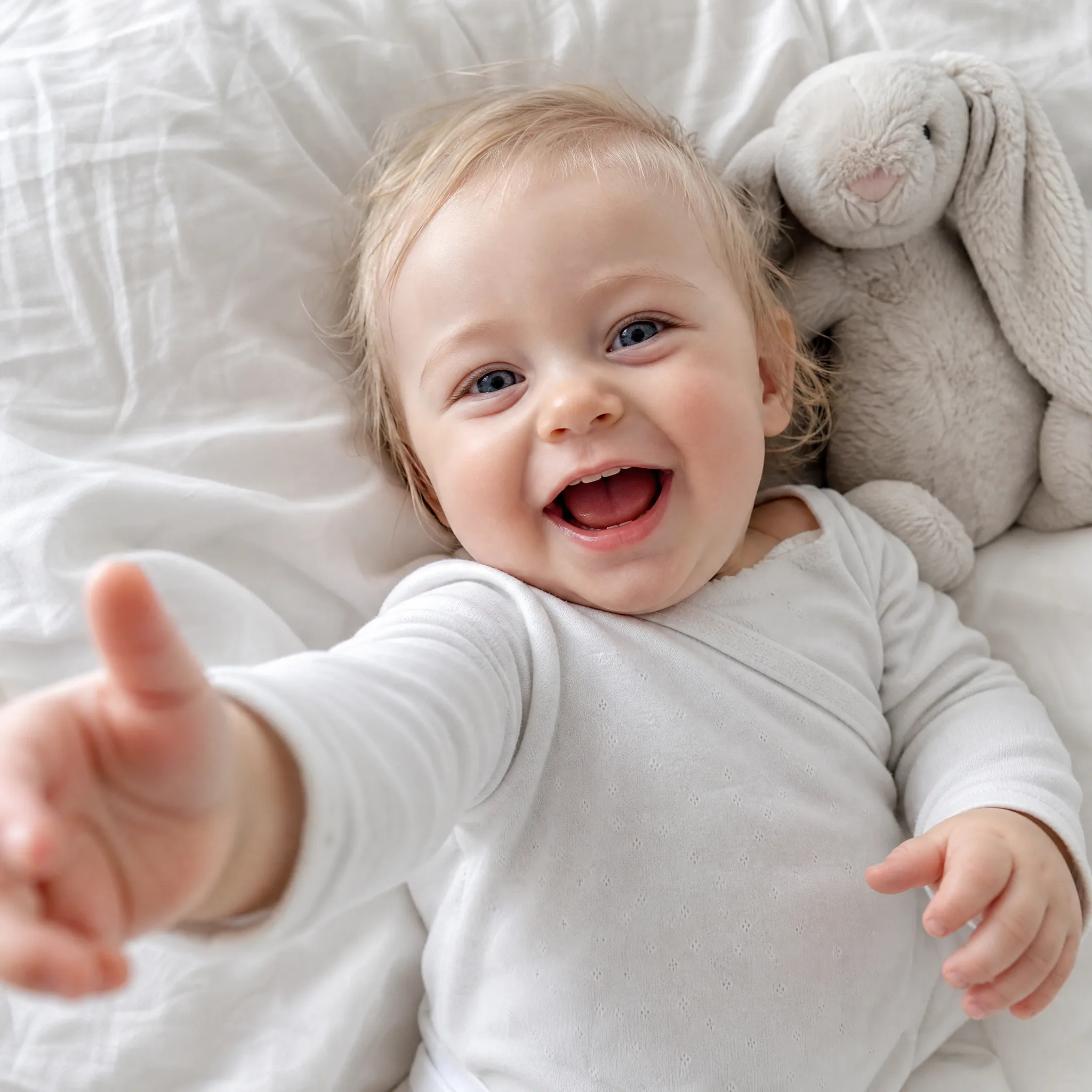 Blond, blue-eyed baby giggling on white sheets and reaching one hand toward the camera beside a grey plush bunny