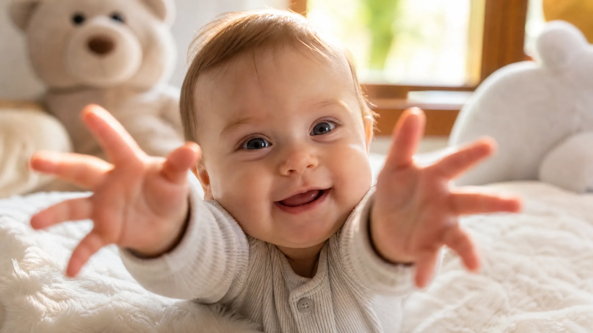 Baby AI Video Generator: Hands Out to the Viewer Smiling baby with light brown hair stretching both small hands toward the camera on a white blanket in window light