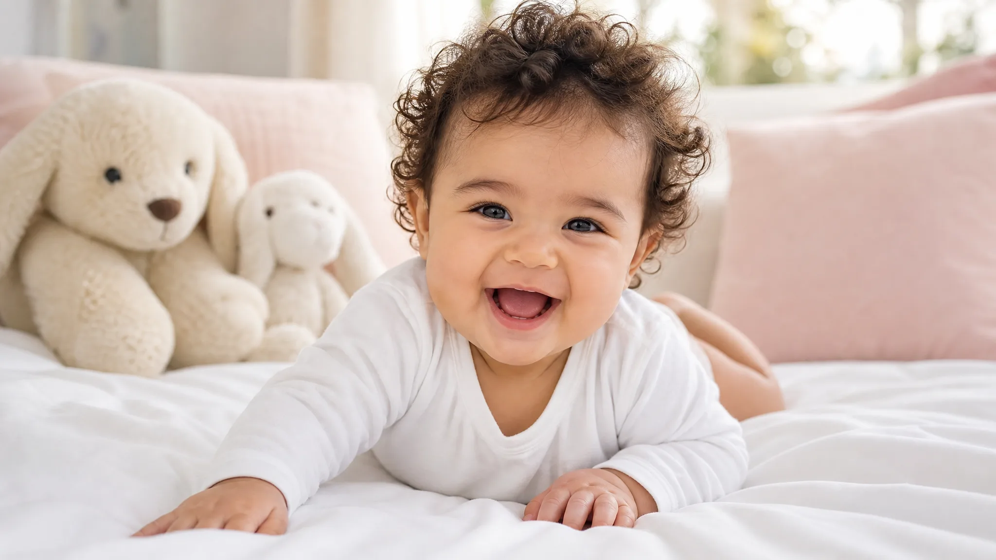 Baby AI Video Generator: Tummy-Time Giggle Baby with dark curls in a white top lying on a white bed and laughing toward the lens, plush toys and pillows behind