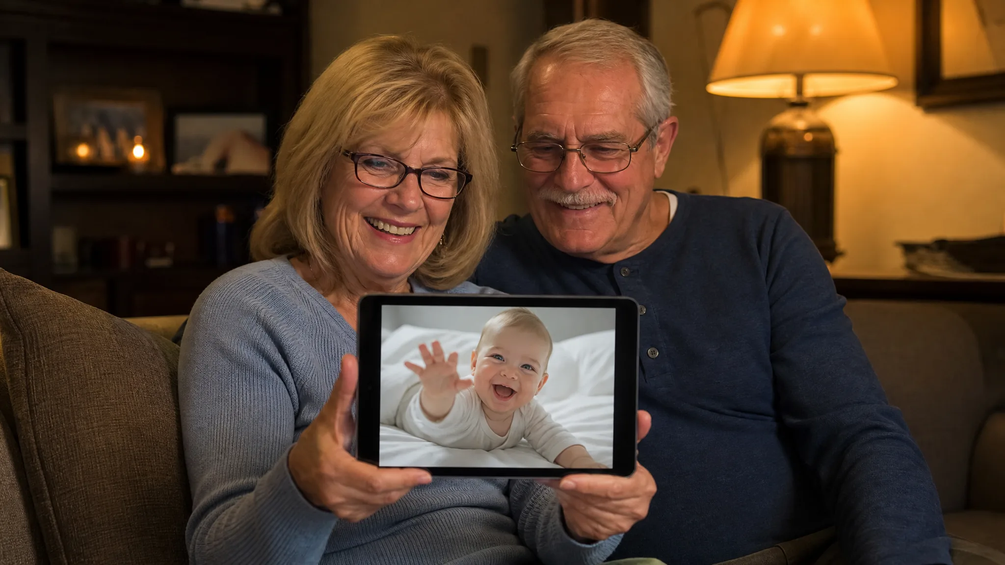 Baby AI Video Generator: Grandparents Watching Together Grandparents on a lamp-lit sofa smiling at a tablet that plays a laughing baby reaching out from a white bed