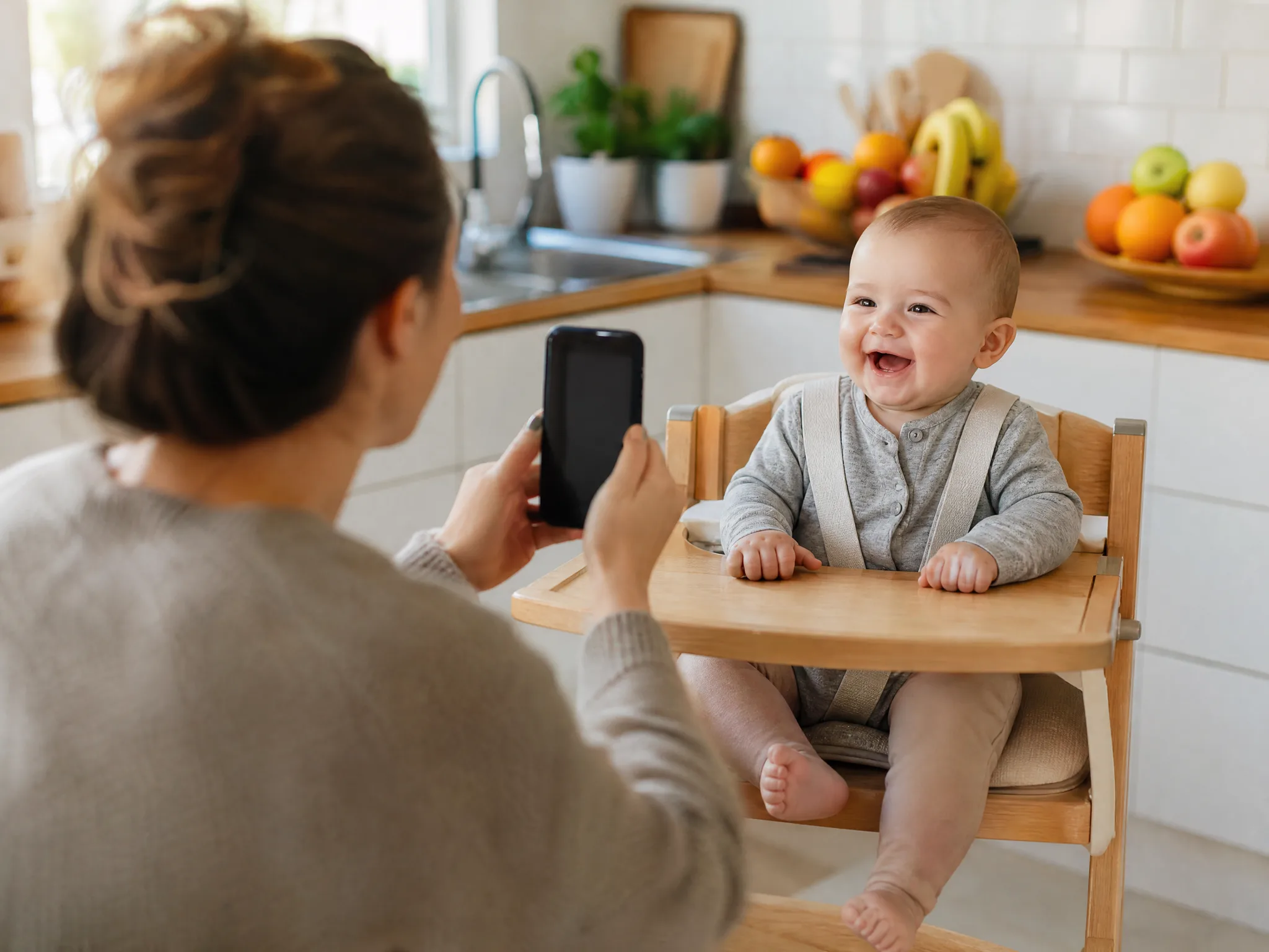 Baby AI Video Generator: Snapping the Starting Photo Parent holding up a phone to snap a smiling baby in a wooden high chair, bright kitchen and fruit on the counter behind
