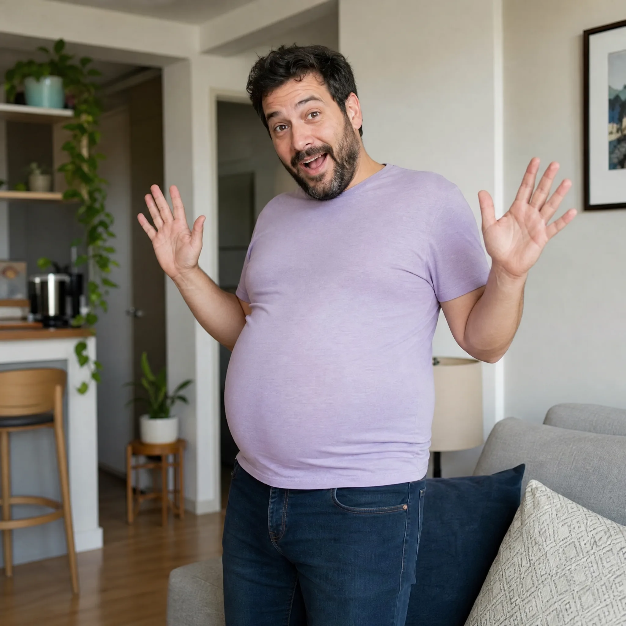 A smiling man raising his hands beside a rounded belly beneath his lavender T-shirt
