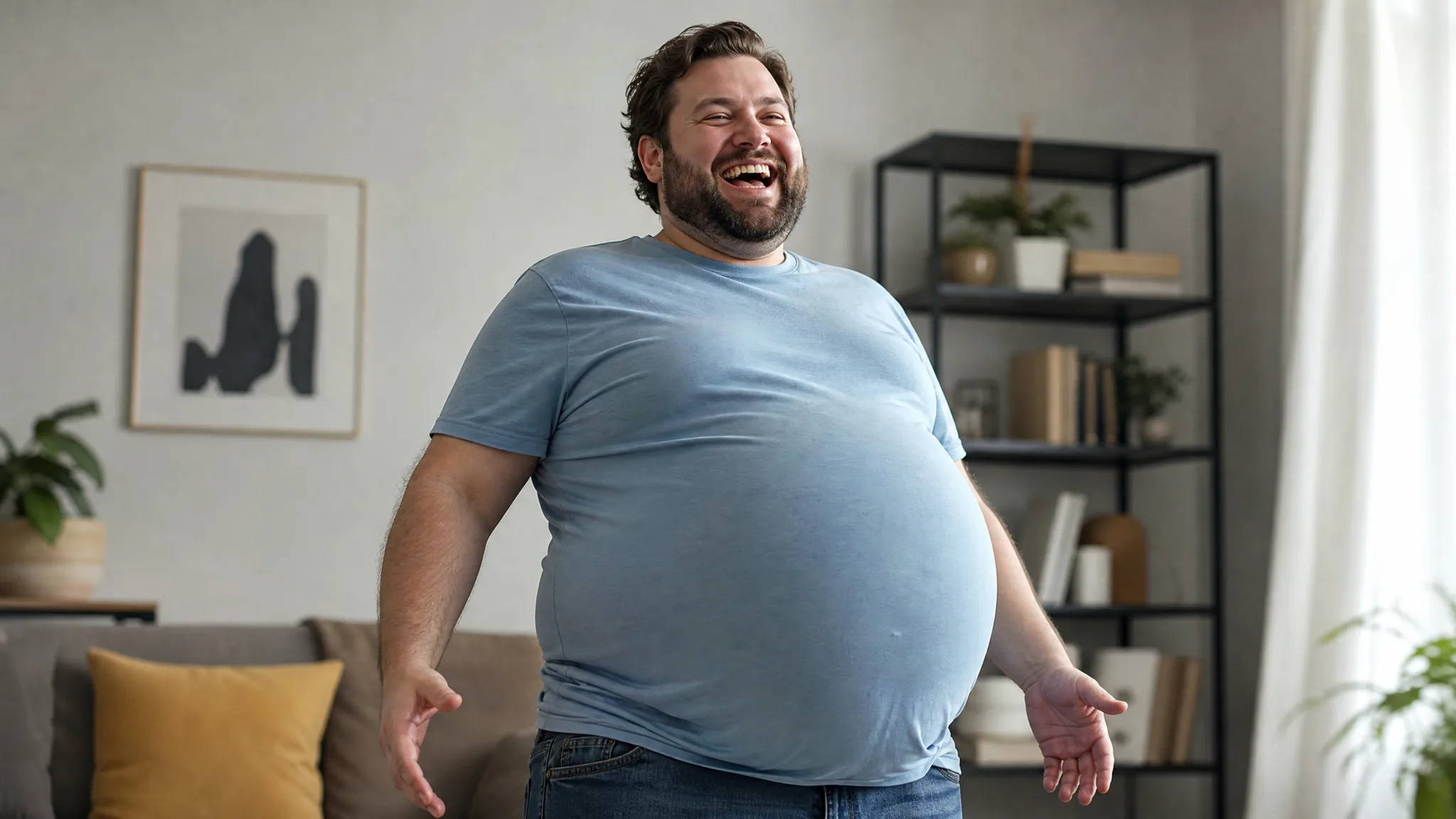 A laughing man with an exaggerated round belly beneath a blue T-shirt A laughing man with an exaggerated round belly beneath a blue T-shirt