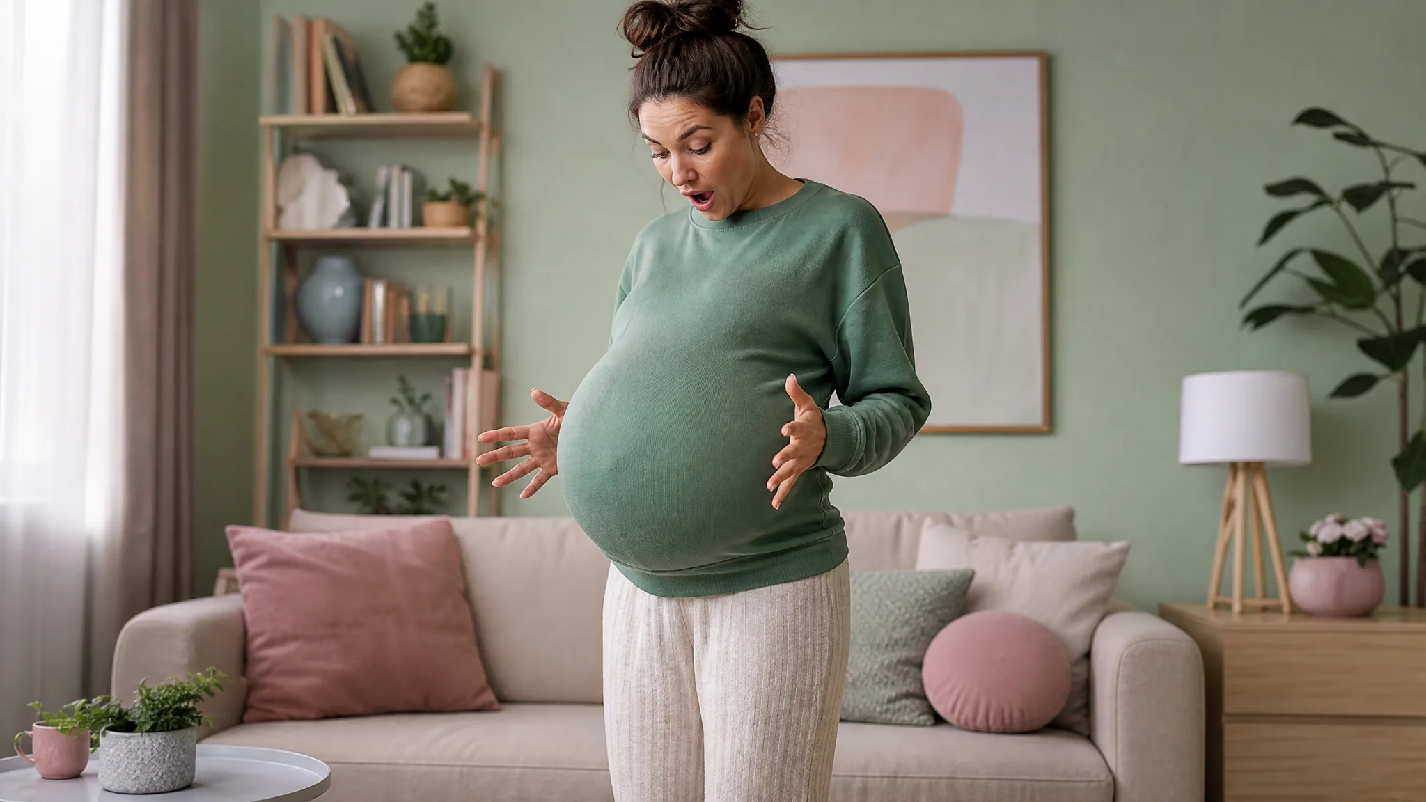 A surprised woman looking down at a rounded belly beneath her green sweatshirt A surprised woman looking down at a rounded belly beneath her green sweatshirt