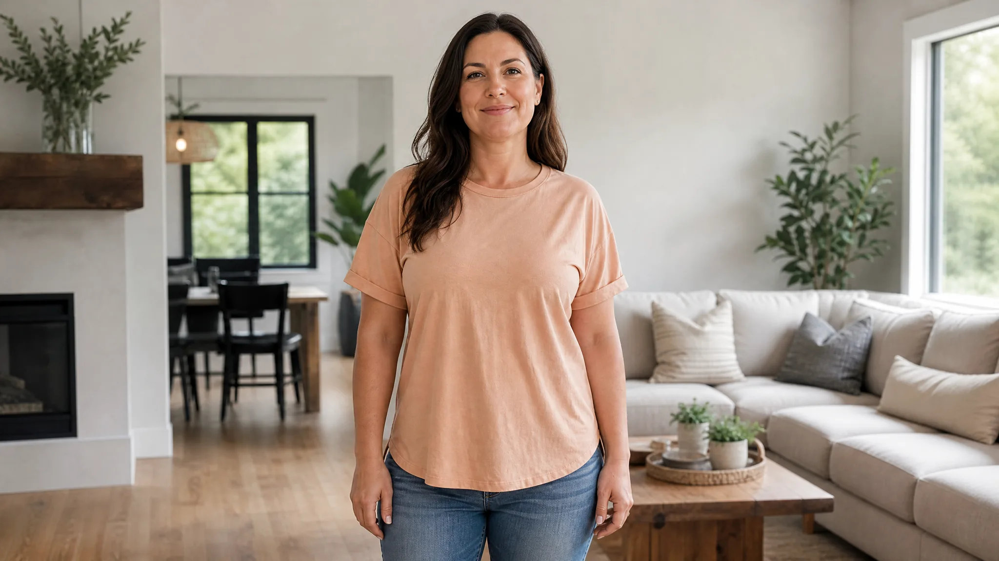 A woman in a peach T-shirt and jeans standing with her torso clearly visible in a bright living room A woman in a peach T-shirt and jeans standing with her torso clearly visible in a bright living room