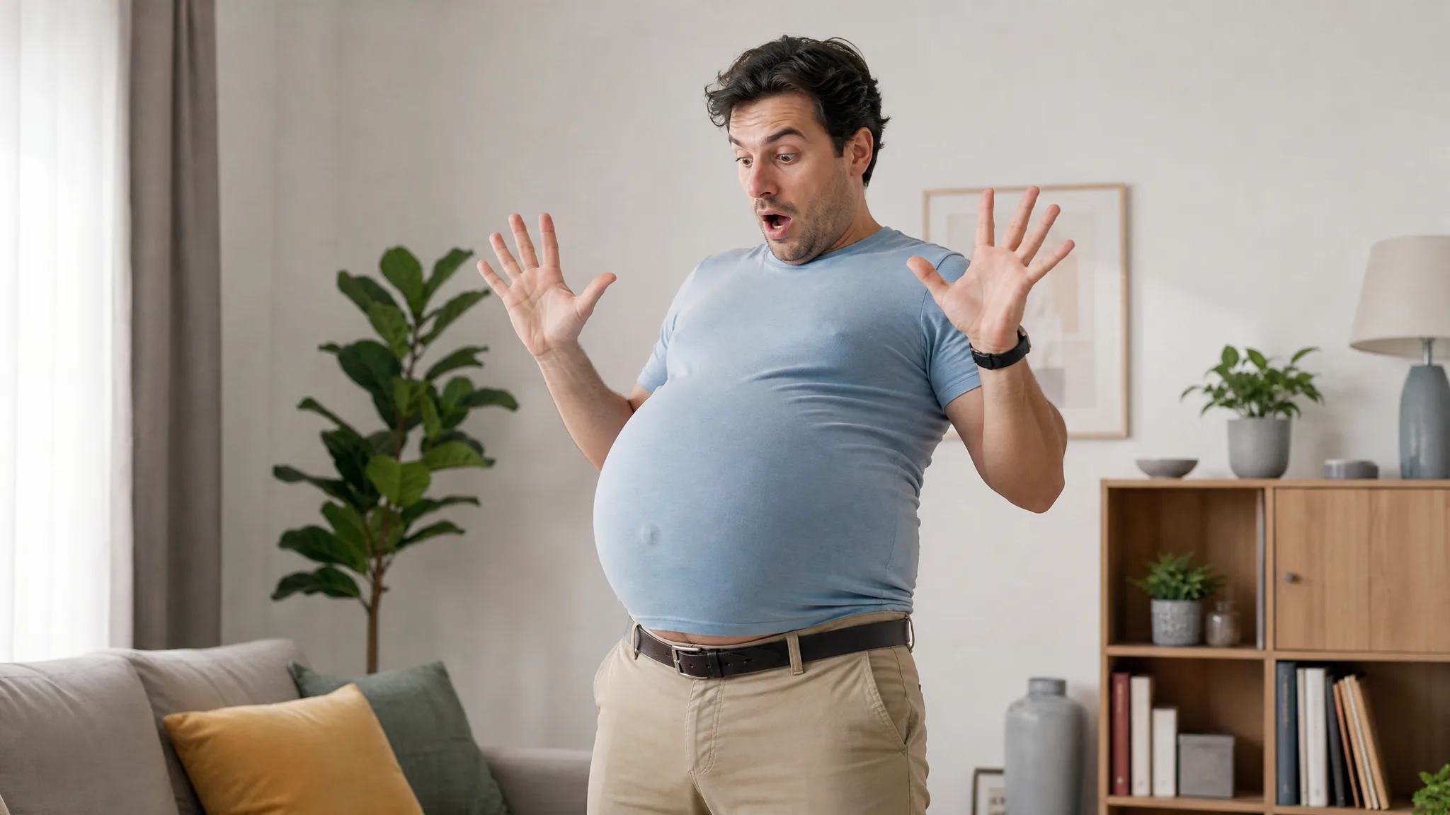 A surprised man raising his hands as his belly rounds out beneath a pale blue T-shirt