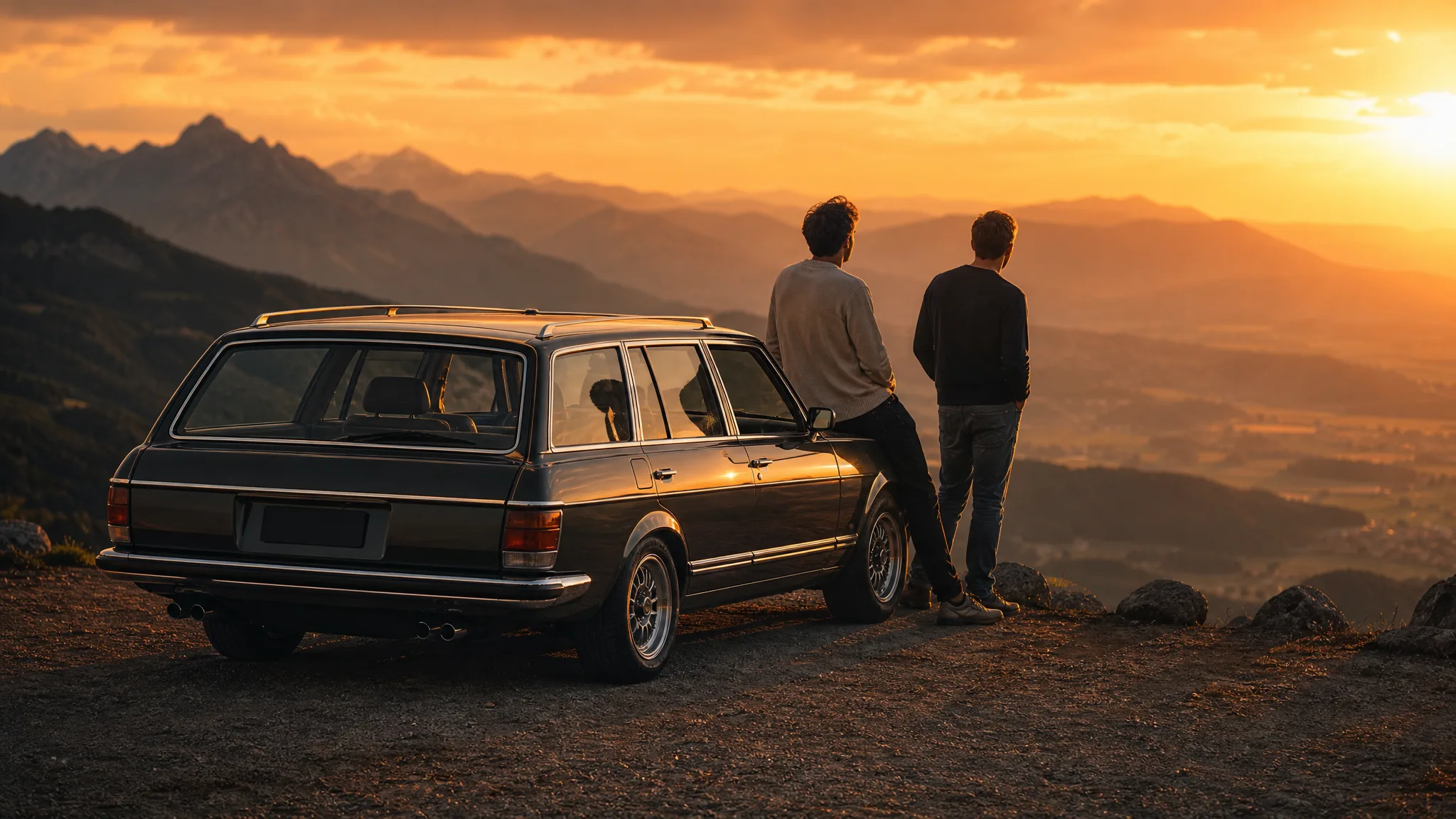 AI Car Video Generator: Scenery for the Next Shot Two friends leaning on a classic estate car at a mountain lookout, watching layered ridges glow at sunset