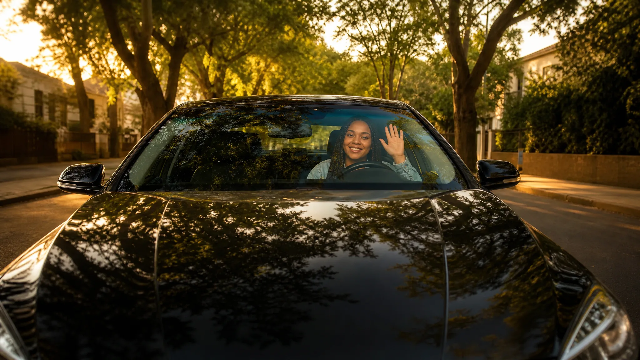 AI Car Video Generator: The View Over the Bonnet Low view over the polished bonnet of a black sedan toward a smiling woman with box braids waving from the driver’s seat
