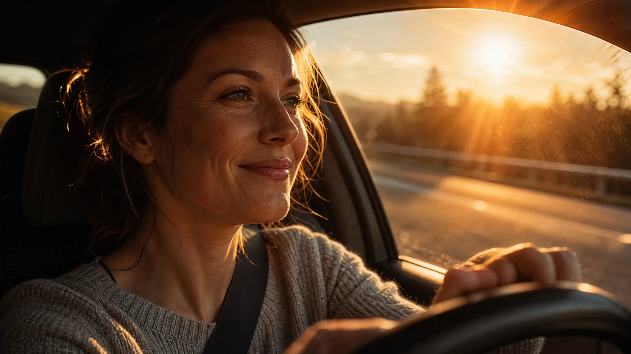 AI Car Video Generator: A Relaxed Smile at the Wheel Woman in her thirties smiling behind the wheel while low evening sun flares across her face through the windshield