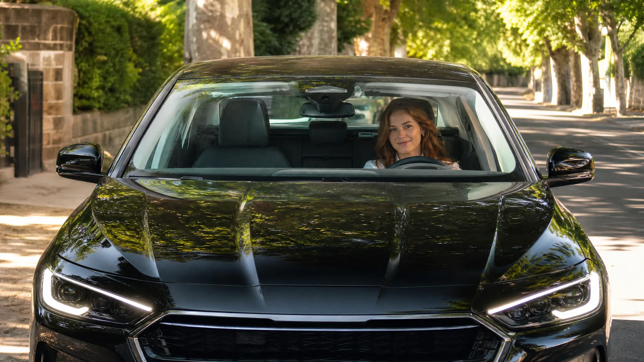 Young woman with long auburn hair and gold hoops smiling from the driver’s seat of a glossy black sedan