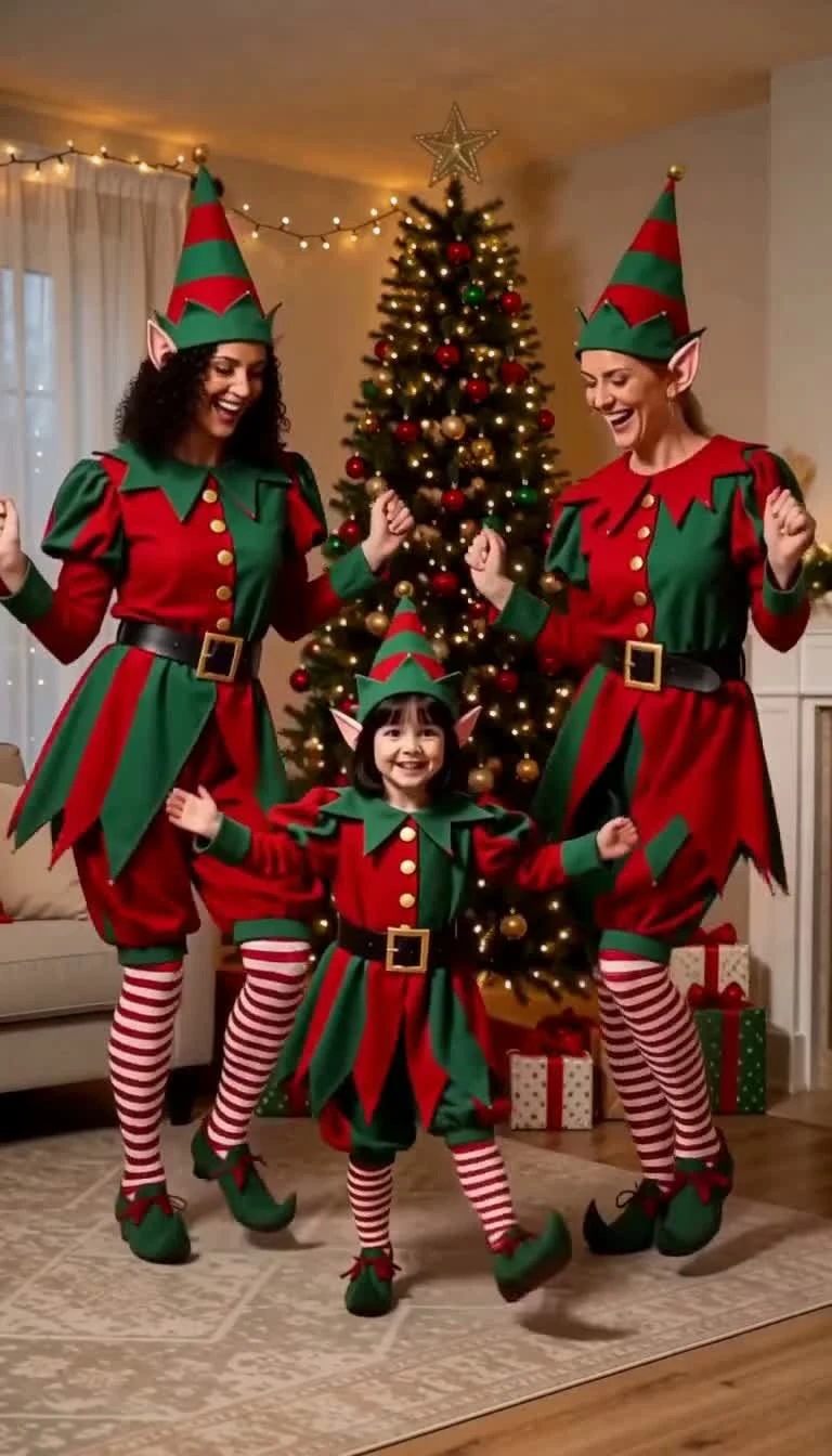 Three elves smiling together beside the Christmas tree at the end of their dance
