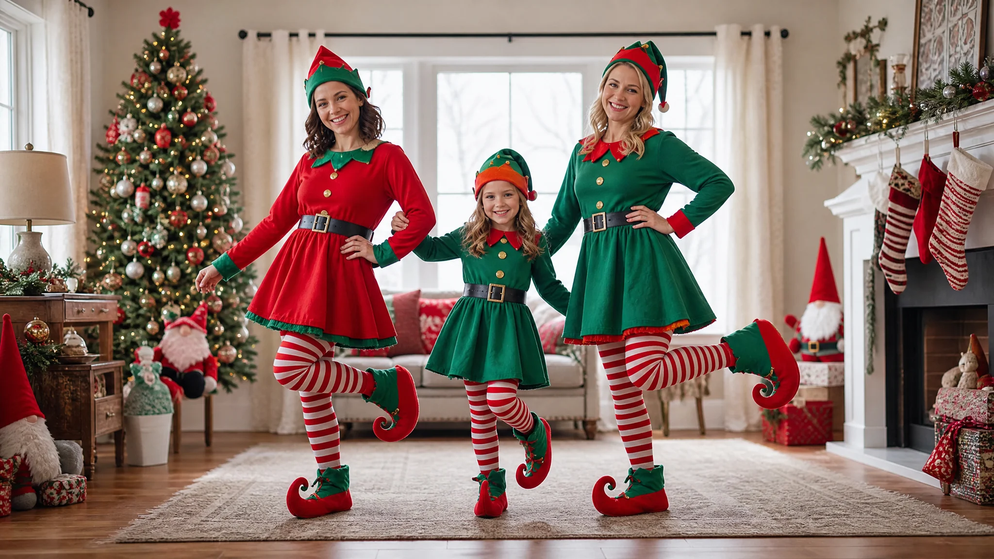 Three family members doing small synchronized steps in elf costumes