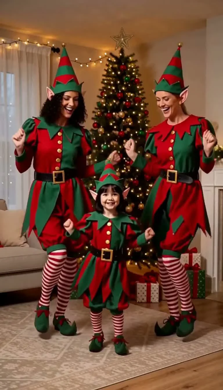 Three performers wearing red and green elf tunics and pointed hats