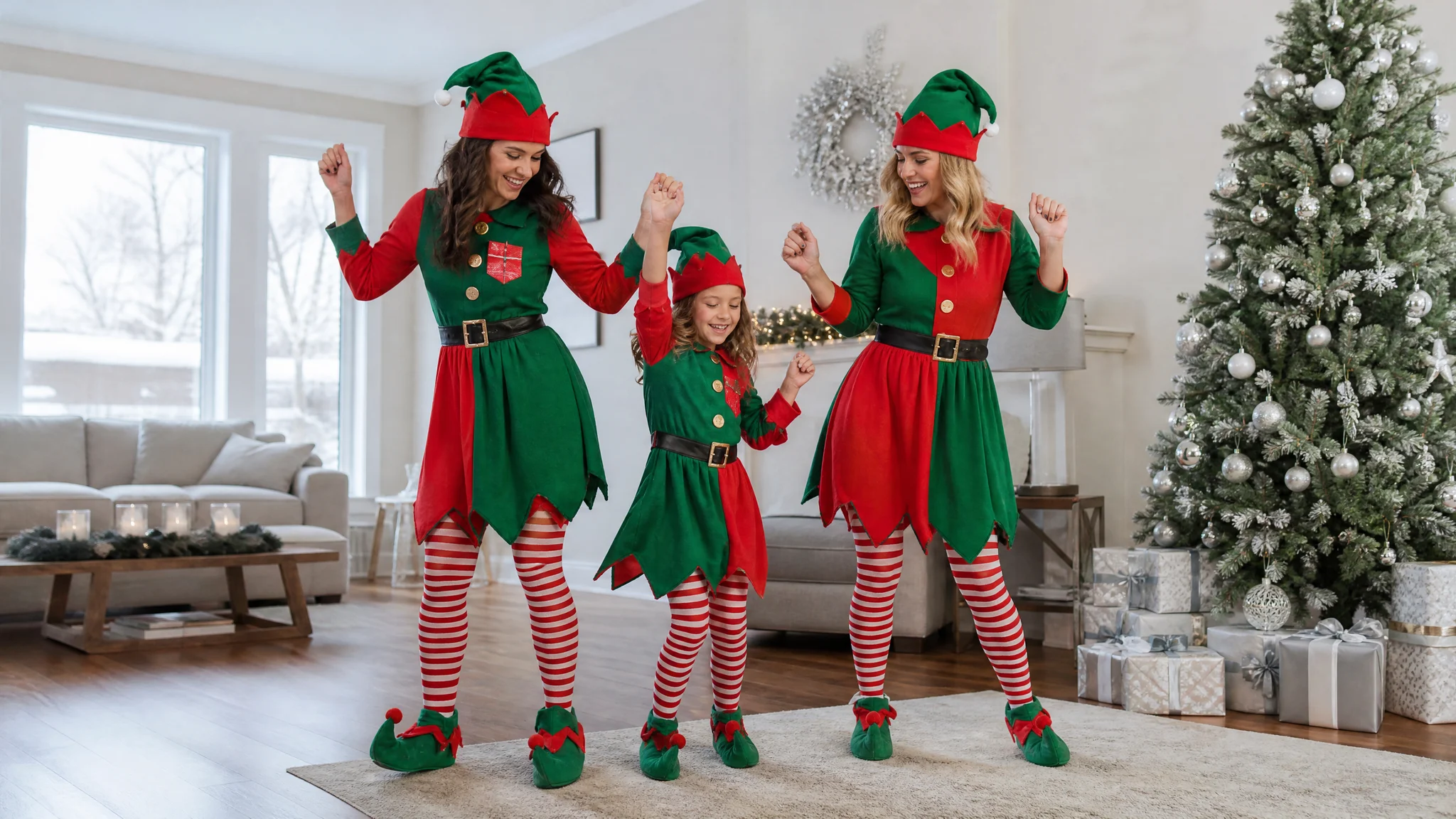 AI elf dance video scene showing three family members in elf outfits beside a Christmas tree