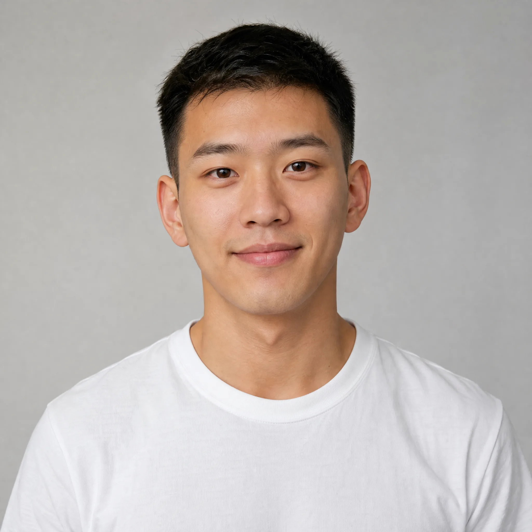 Young man with short black hair and a faint smile in a white t-shirt, facing the camera against a grey studio backdrop
