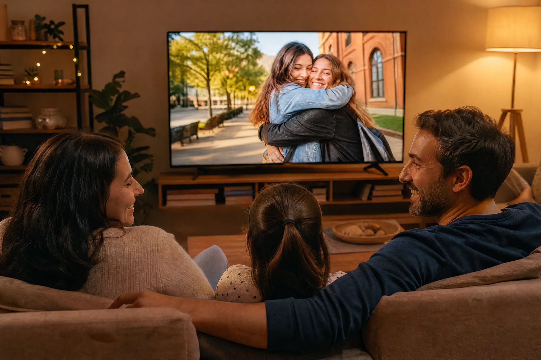 AI Hugging Video: Opening a Family Moment Family of three on a lamp-lit sofa smiling at a TV that shows two friends hugging on a sunny walkway