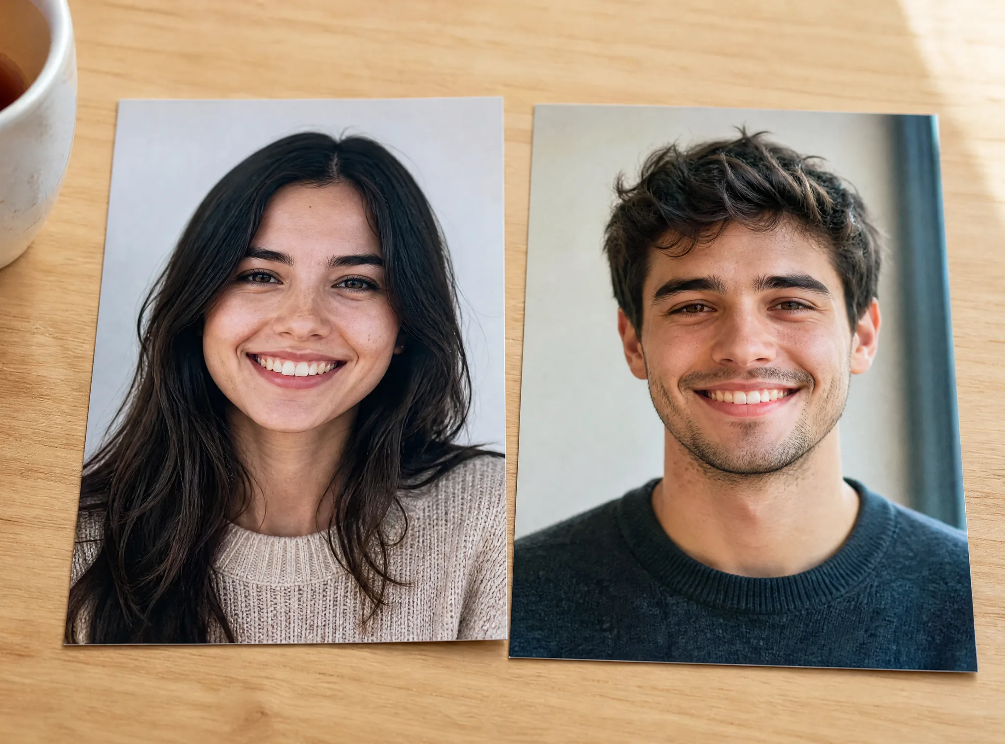 AI Hugging Video: Starting from Two Prints Two printed head-and-shoulders portraits, a young woman and a young man, lying side by side on a light wooden table