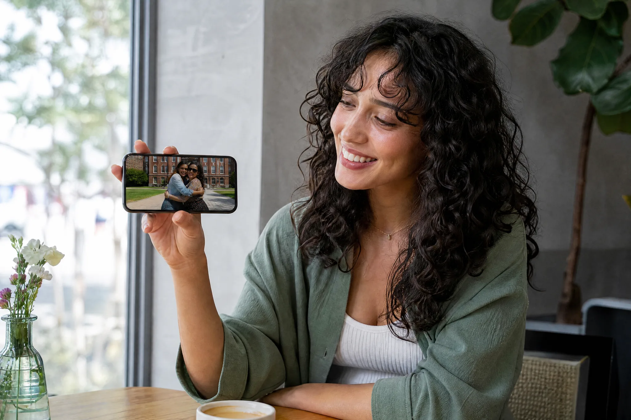 AI Hugging Video: Opened in a Cafe Curly-haired young woman at a sunny cafe table smiling at her phone, which plays two friends hugging on a walkway