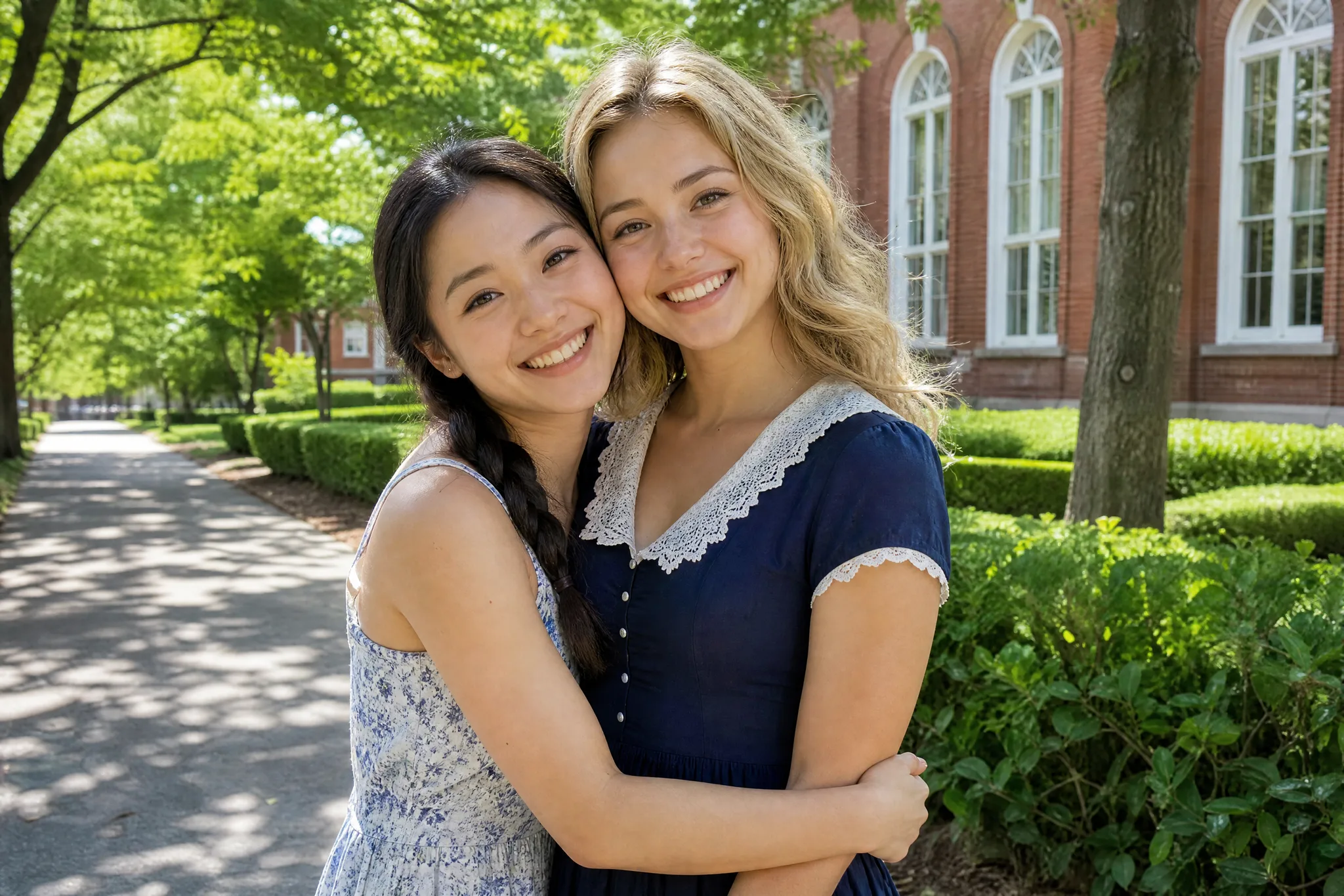 Friend in a blue floral dress hugging a blonde friend in a navy lace-collar dress under trees by a brick building