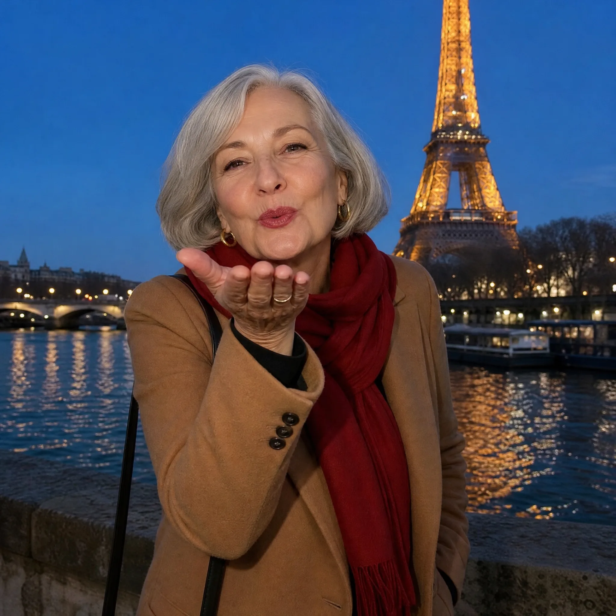 Silver-haired woman in a red scarf blows a kiss on the Seine at blue hour, the lit Eiffel Tower behind
