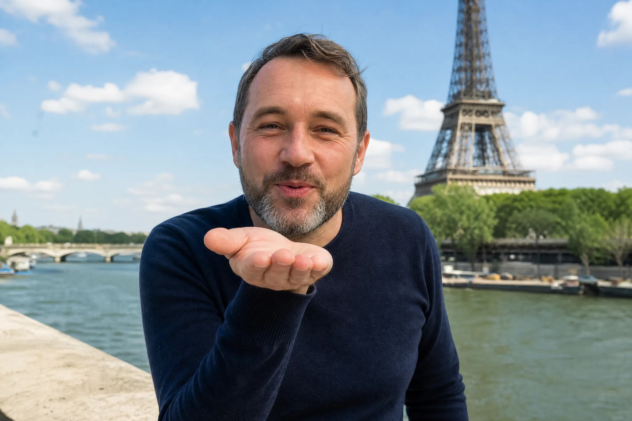 One Portrait, One Kiss by the Seine Bearded man in a navy sweater blows a kiss from his palm on the Seine riverbank below the Eiffel Tower
