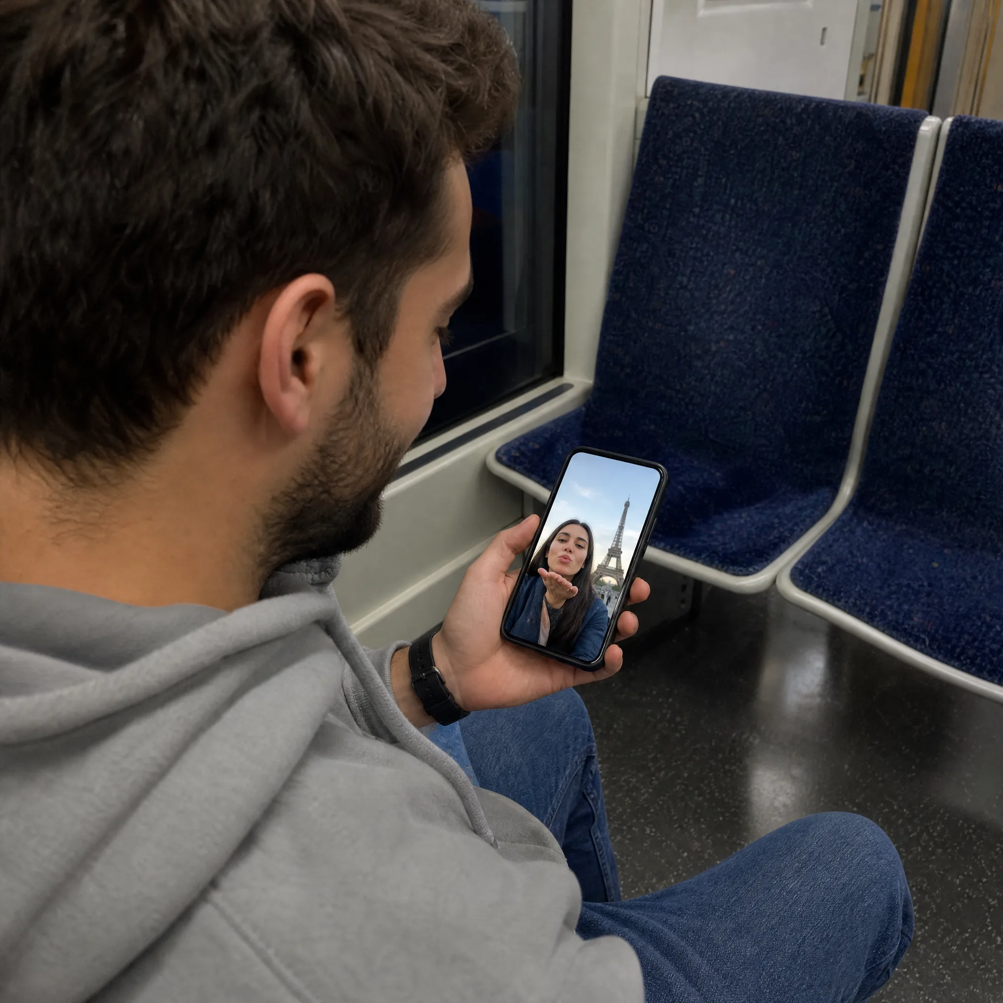 A Kiss Clip Arrives on the Phone Man on a metro seat watches his phone play a clip of a woman blowing a kiss before the Eiffel Tower