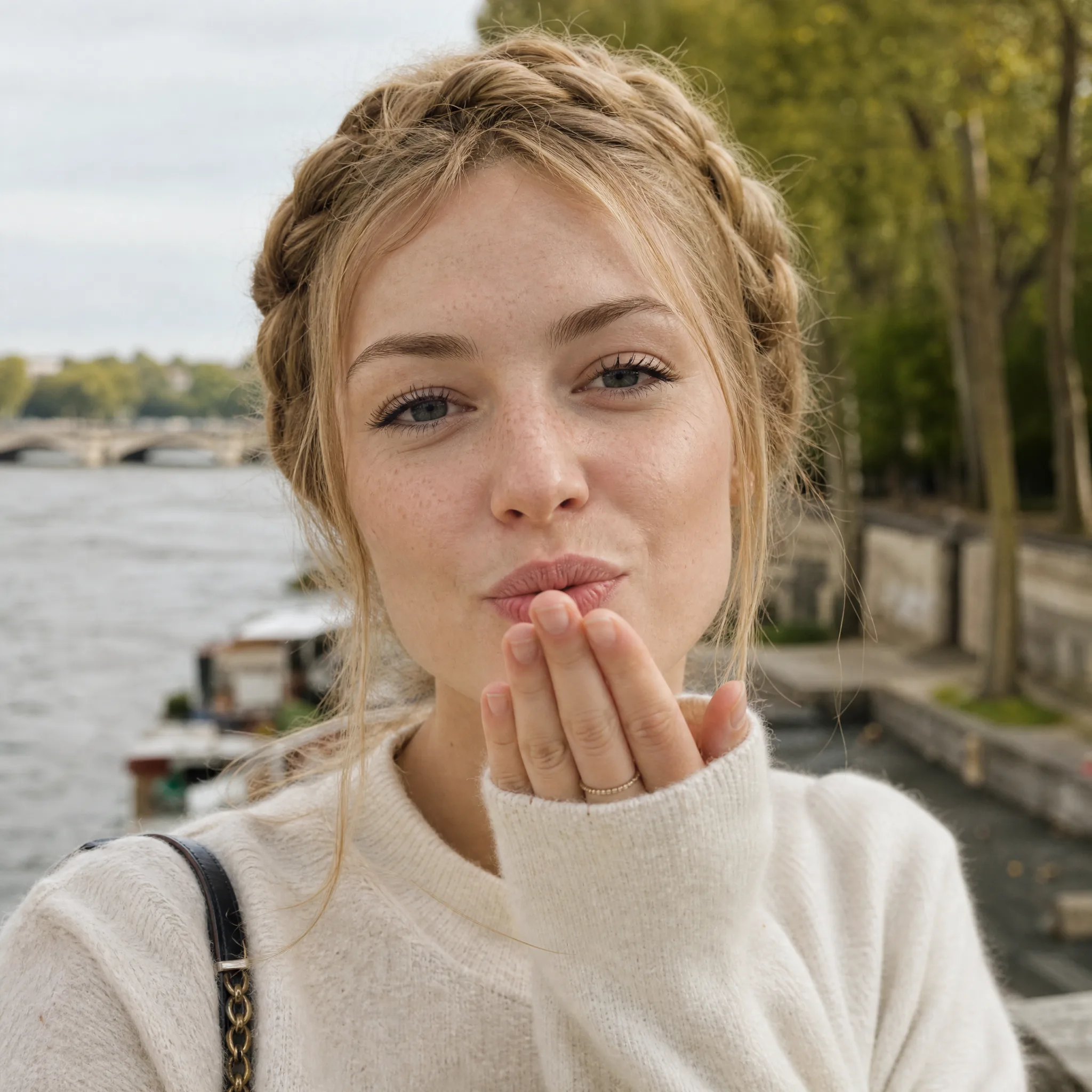 A Kiss Before It Is Sent Close-up of a freckled woman with a braided crown, fingertips at her lips, the river and trees blurred behind