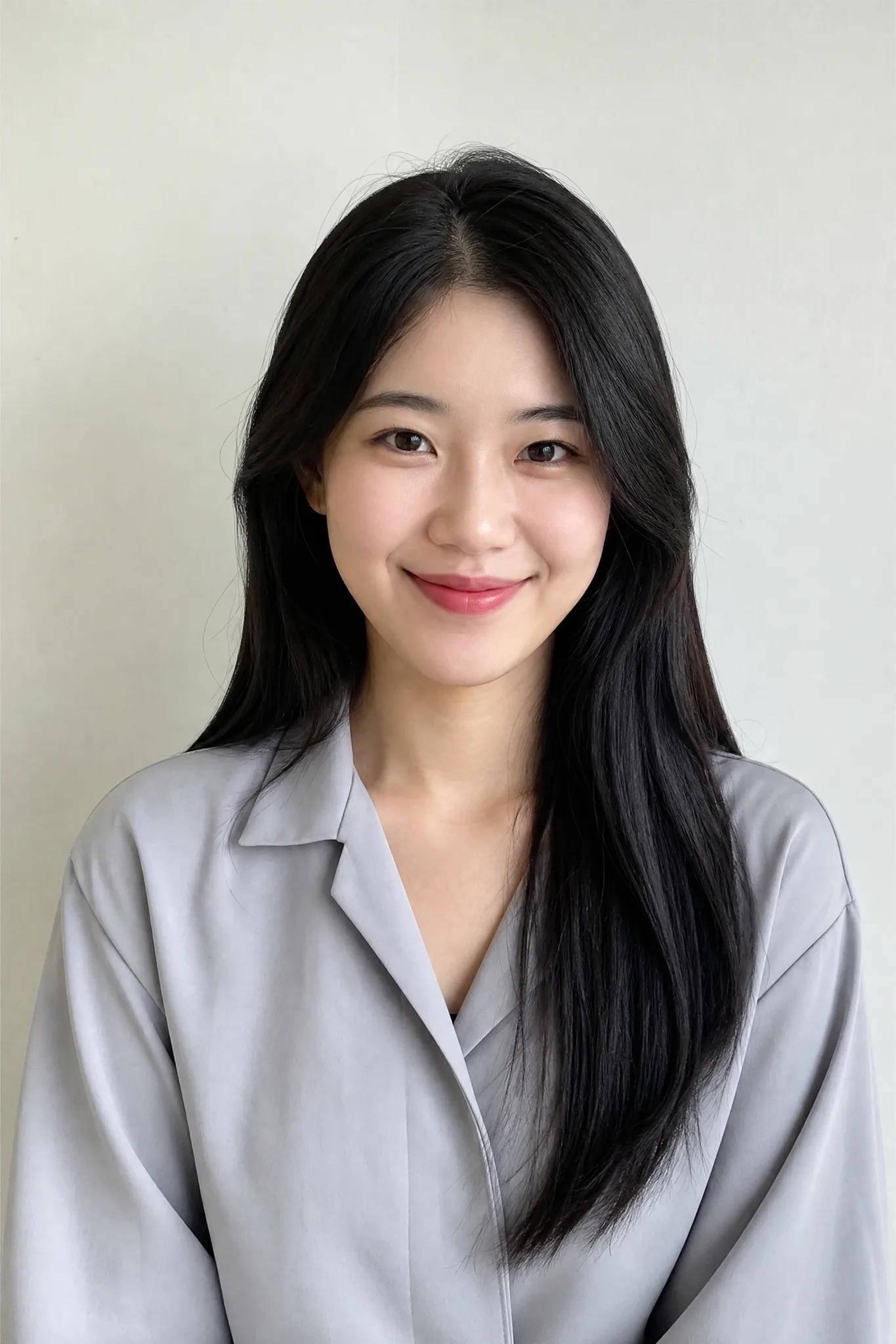 A Clear Portrait to Start With Front-facing photo of a smiling young woman with long black hair and a grey blouse against a pale wall