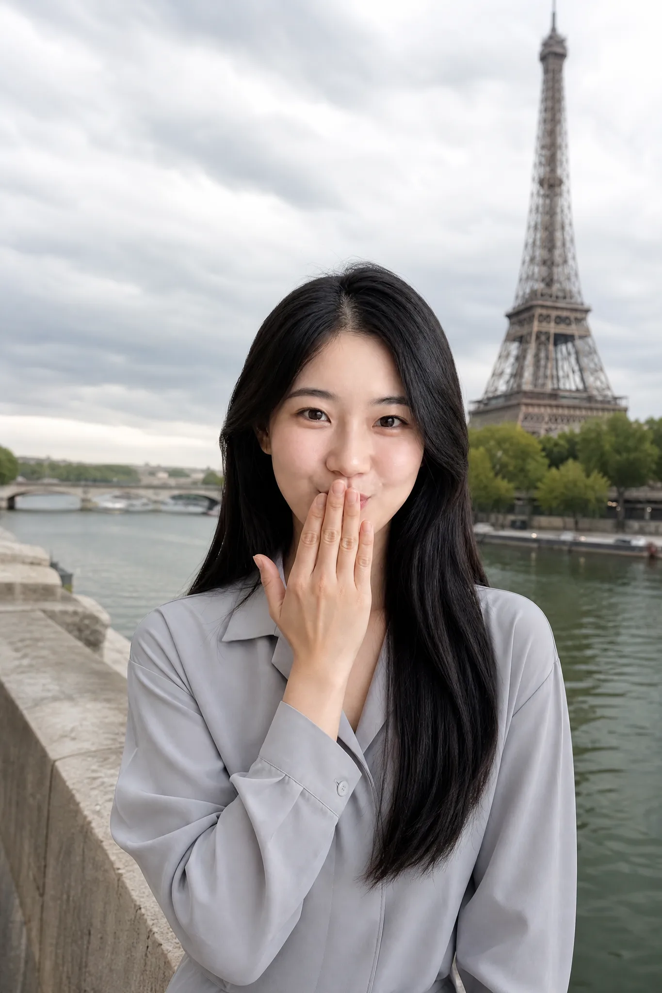 The Kiss Takes Shape by the Eiffel Tower The same woman raises her fingers to her lips on a Paris riverbank, Eiffel Tower behind under soft cloud