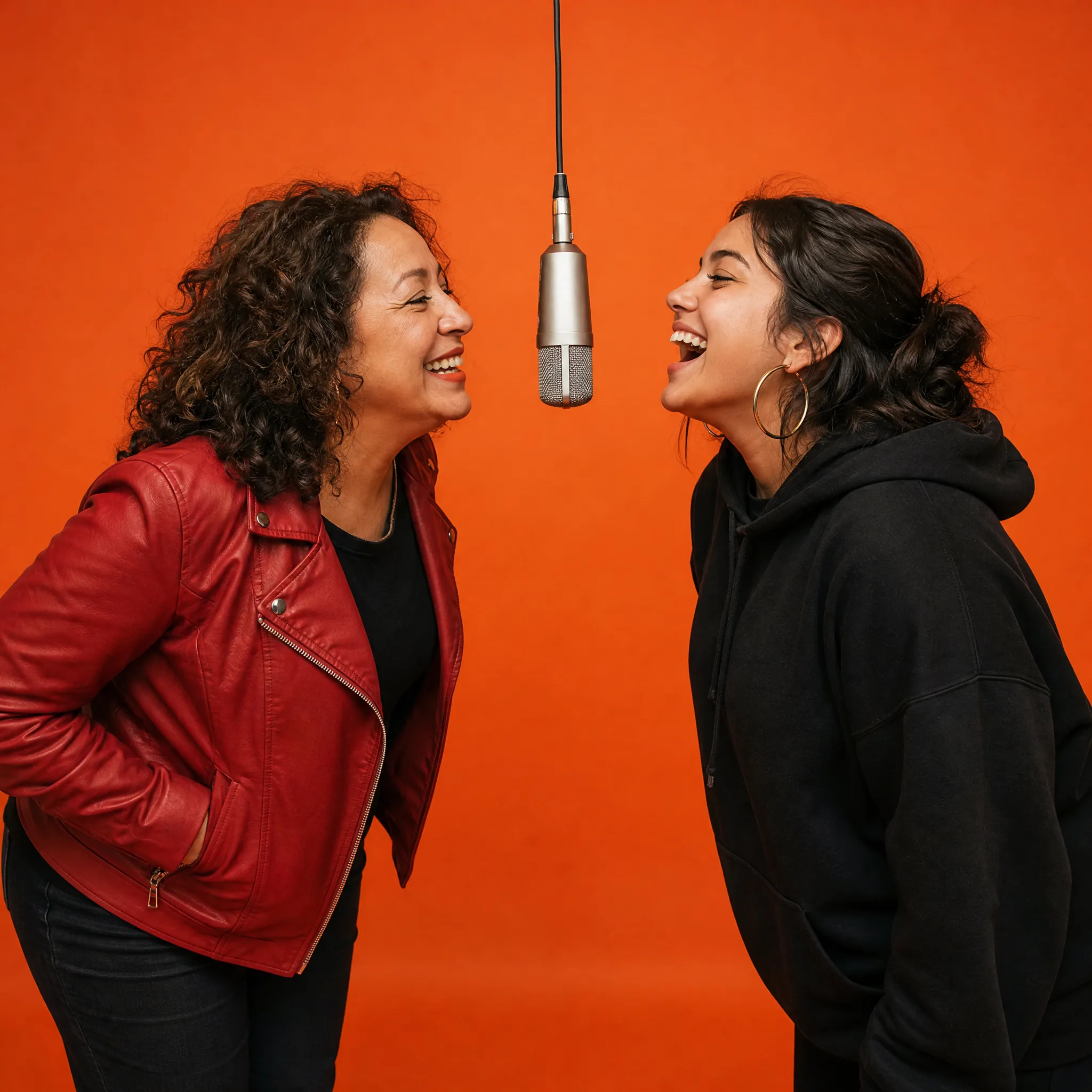Mother in a red leather jacket and her daughter in a black hoodie laughing face to face at a hanging mic