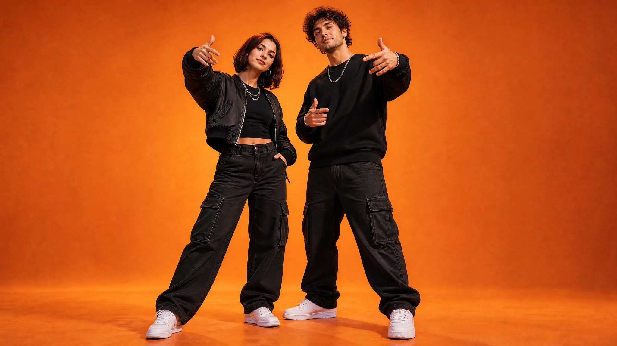 AI Rap Duo: Two Friends in Black Streetwear Woman and man in black streetwear and silver chains striking full-body rap poses against a plain orange wall