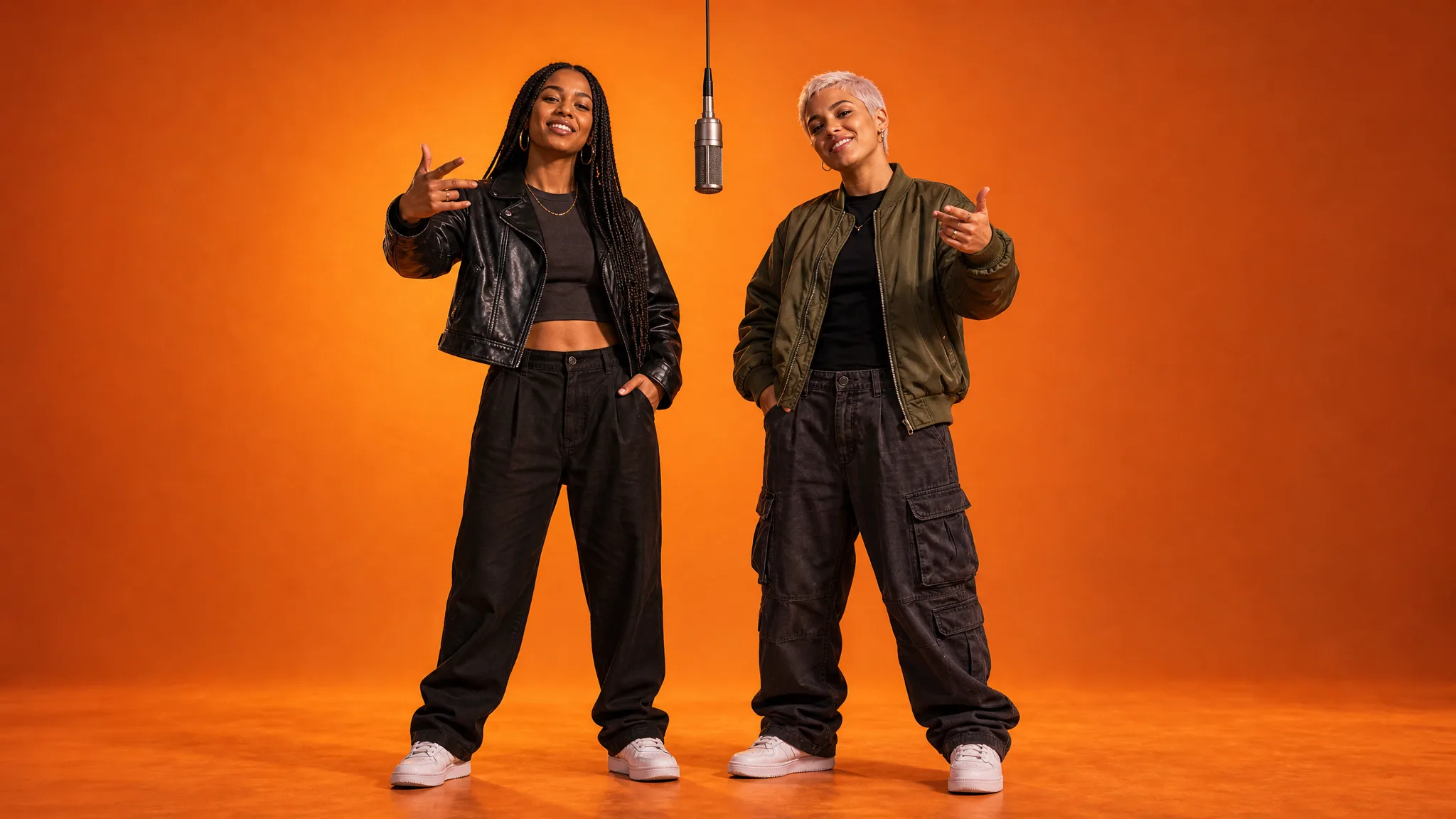 AI Rap Duo: Two Friends on the Orange Stage Two smiling women, one in black leather and one in an olive bomber, gesturing under a mic on an orange stage