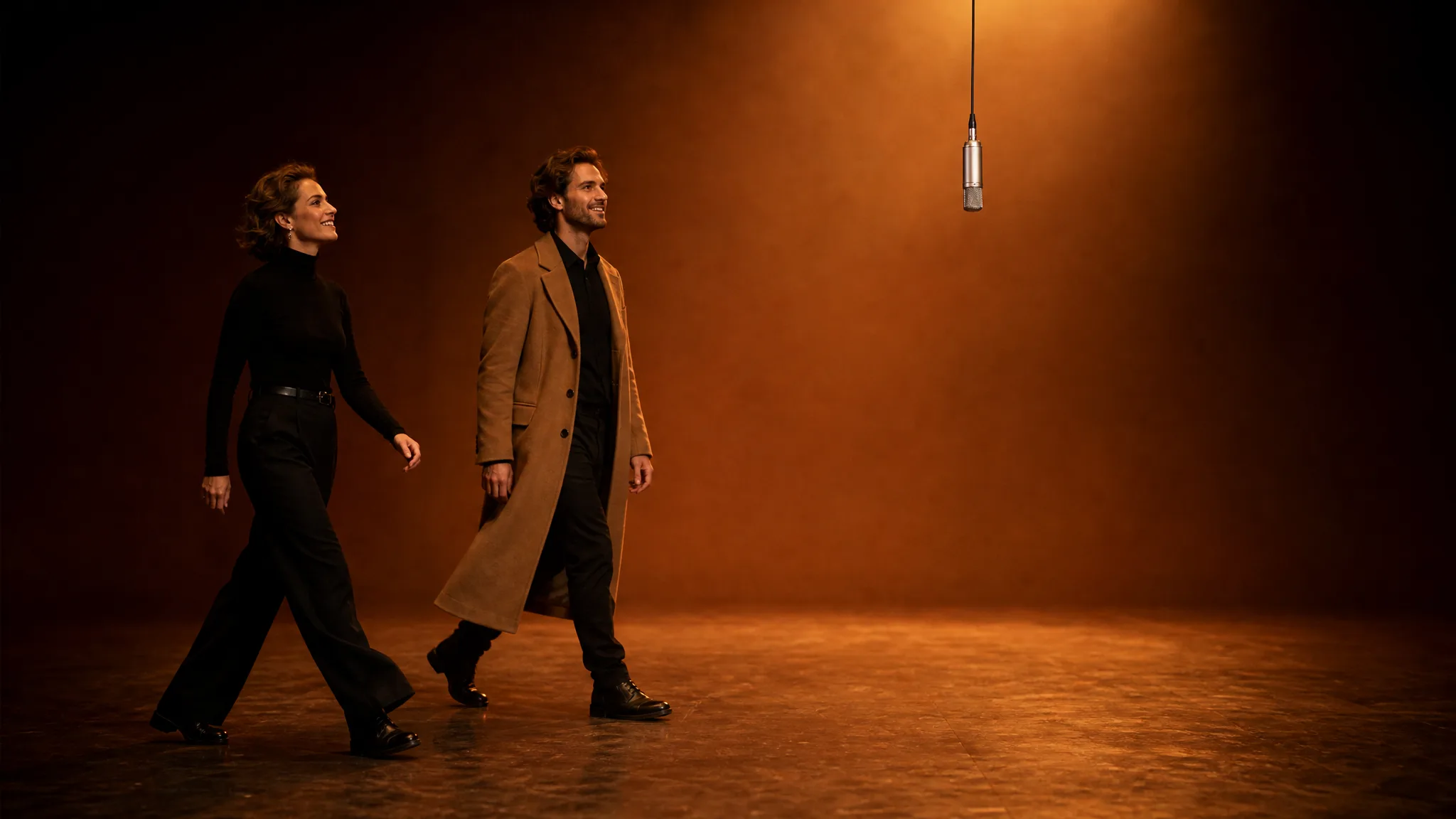 Woman in a black turtleneck and man in a camel overcoat striding across an empty stage toward a hanging mic