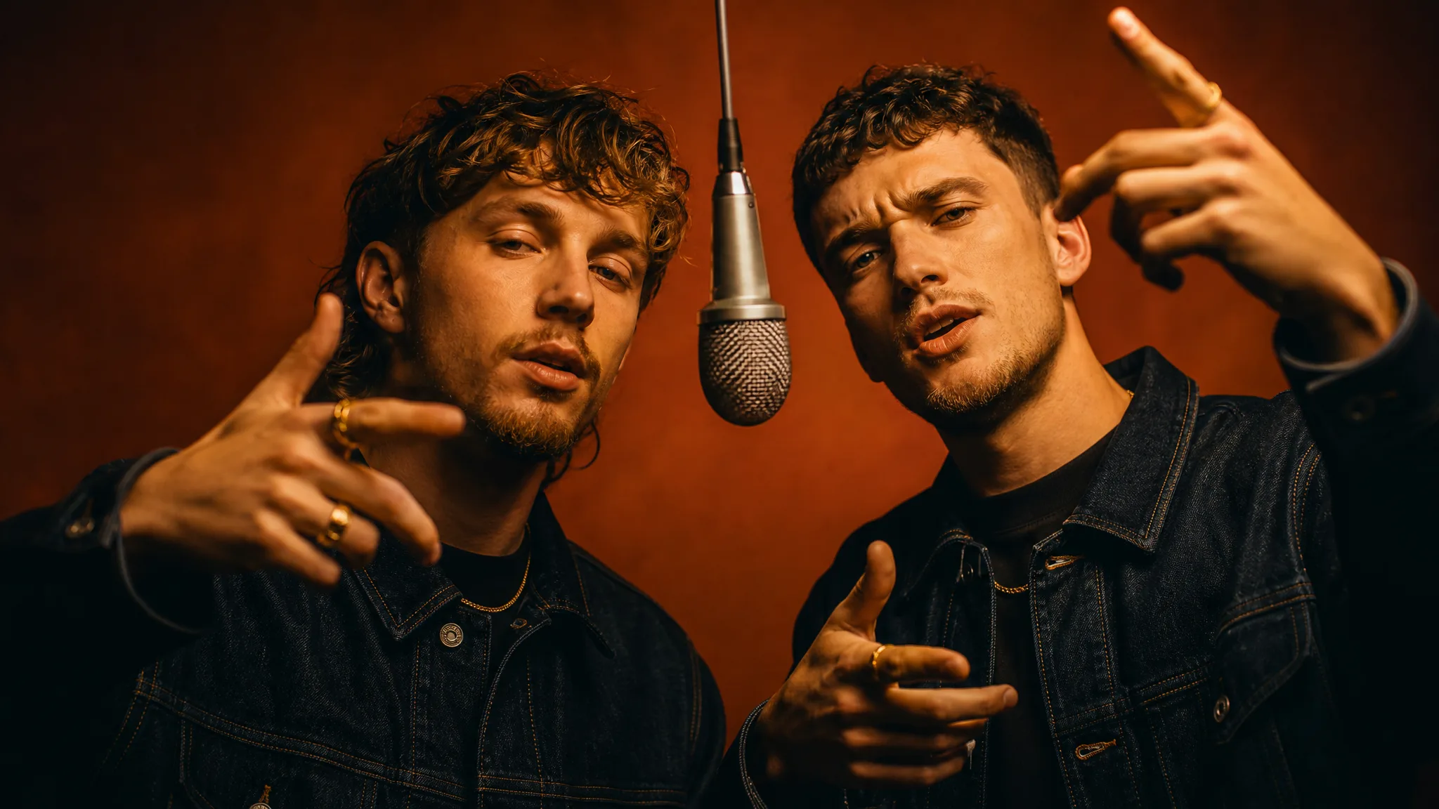 AI Rap Duo: Denim Jackets and Gold Chains Two young men in indigo denim jackets with thin gold chains and rings raising their hands beside a silver mic