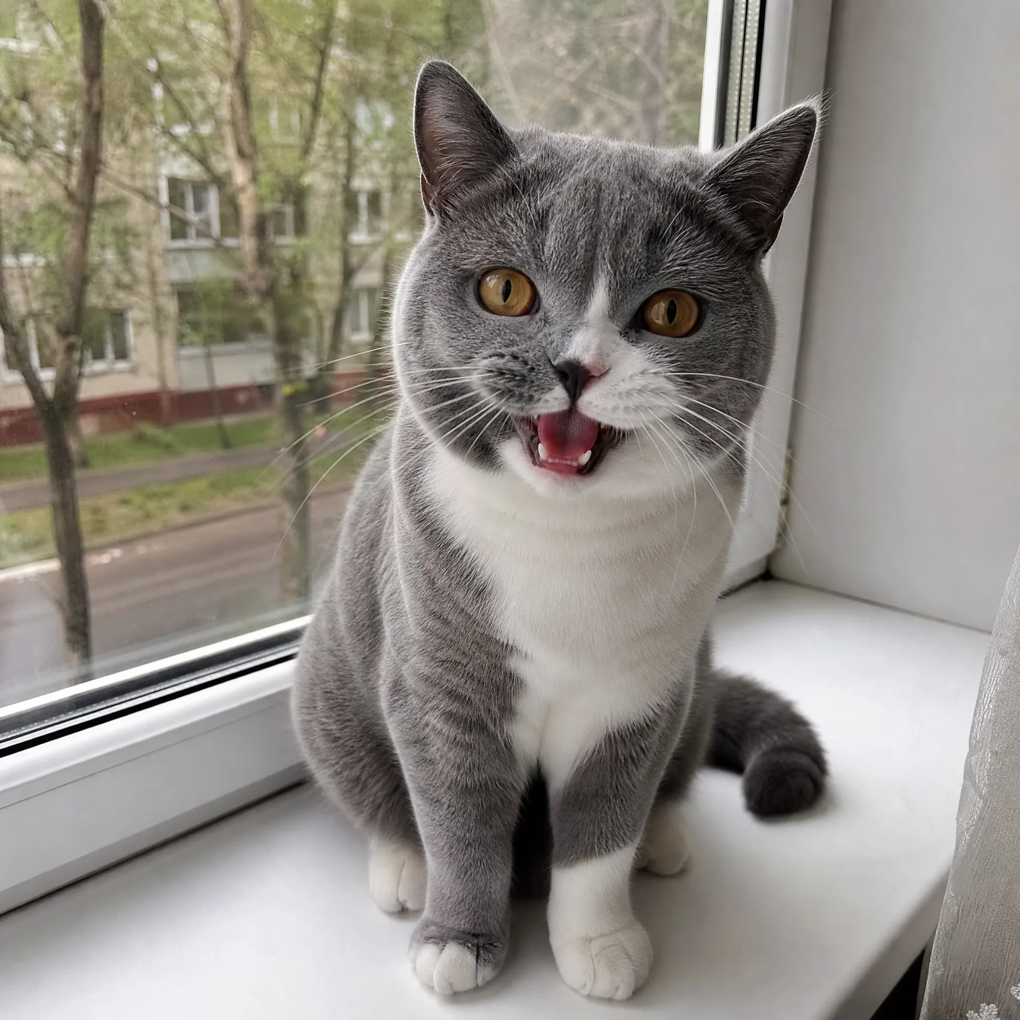 Grey-and-white British Shorthair with amber eyes on a white windowsill, mouth wide open mid-meow