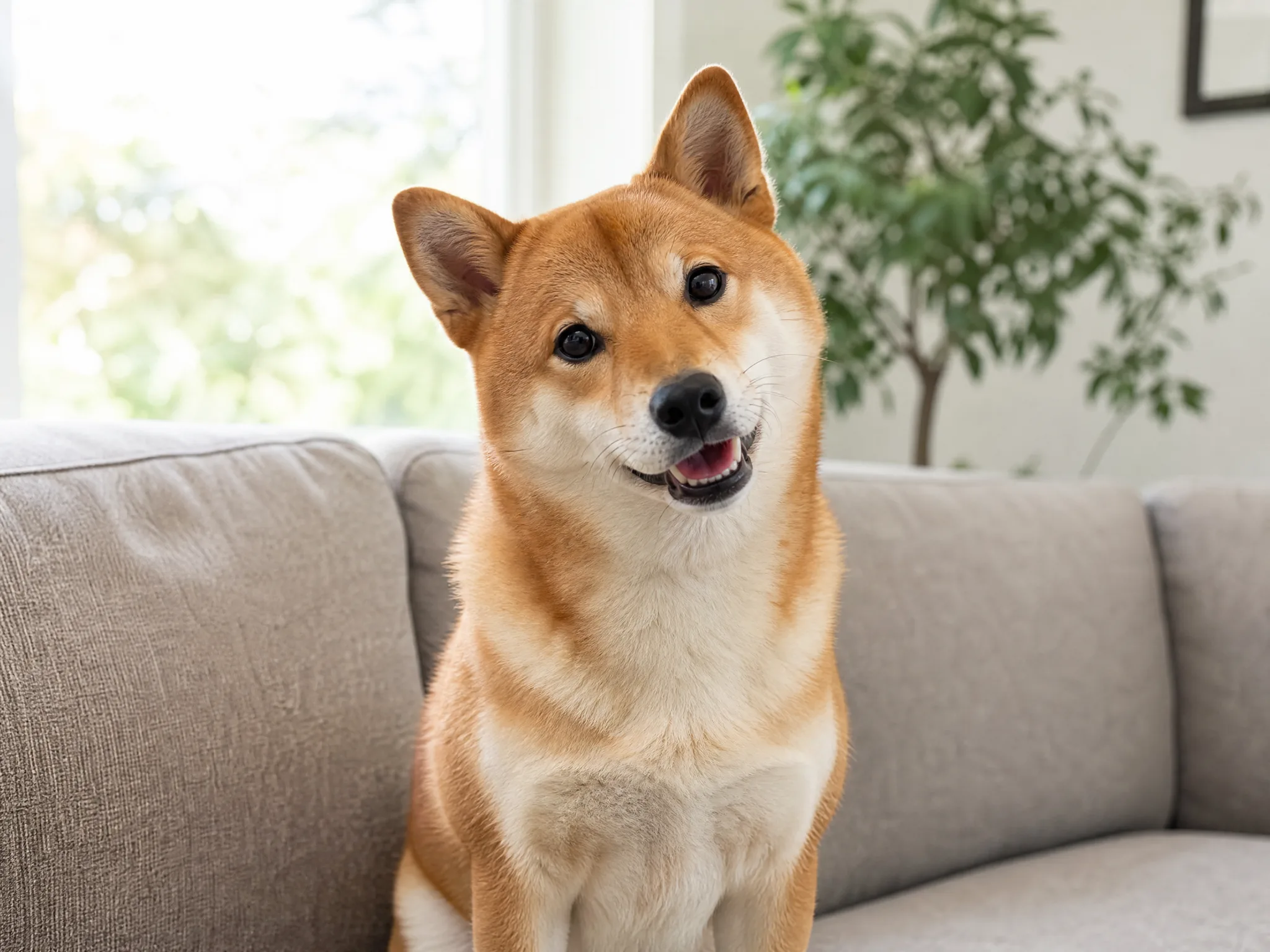 Red Shiba Inu sitting on a light grey sofa, head cocked and mouth half open as if answering a question