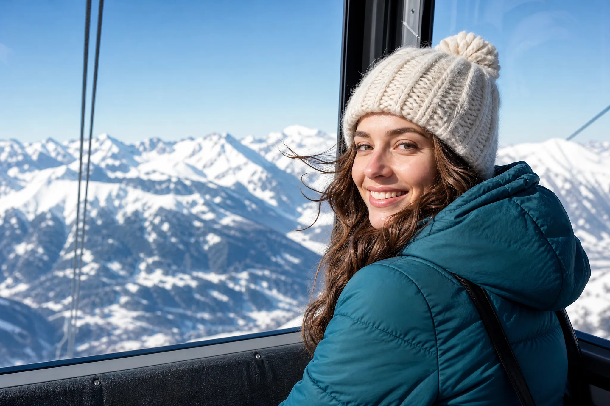 Smiling woman in a knit beanie turns from a gondola window, snowy alpine peaks and blue sky behind her