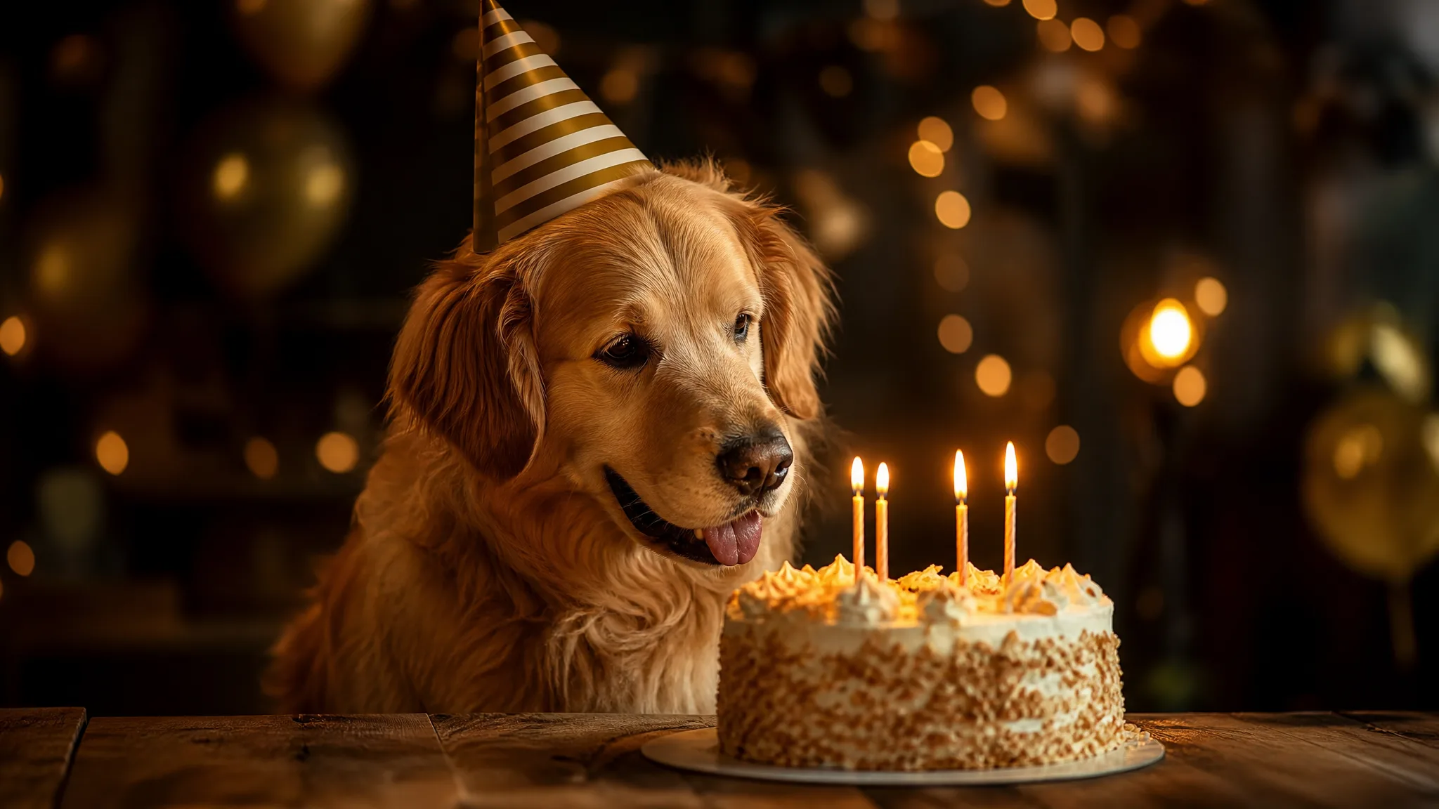 Golden retriever in a little striped paper party hat looking at the lit candles on a cake on a wooden table