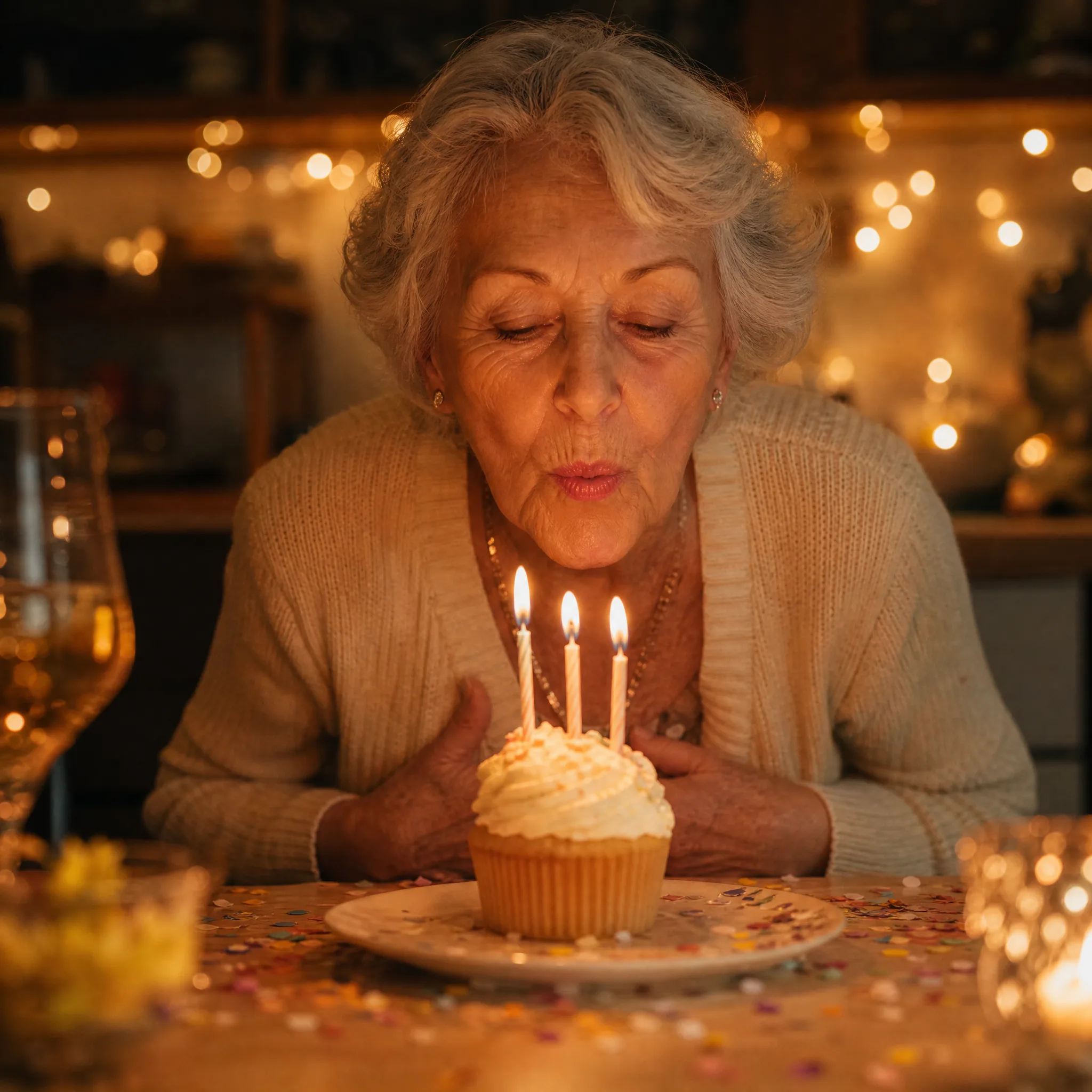 Smiling grandmother in a cardigan leaning in to blow out three candles on one cupcake under string lights