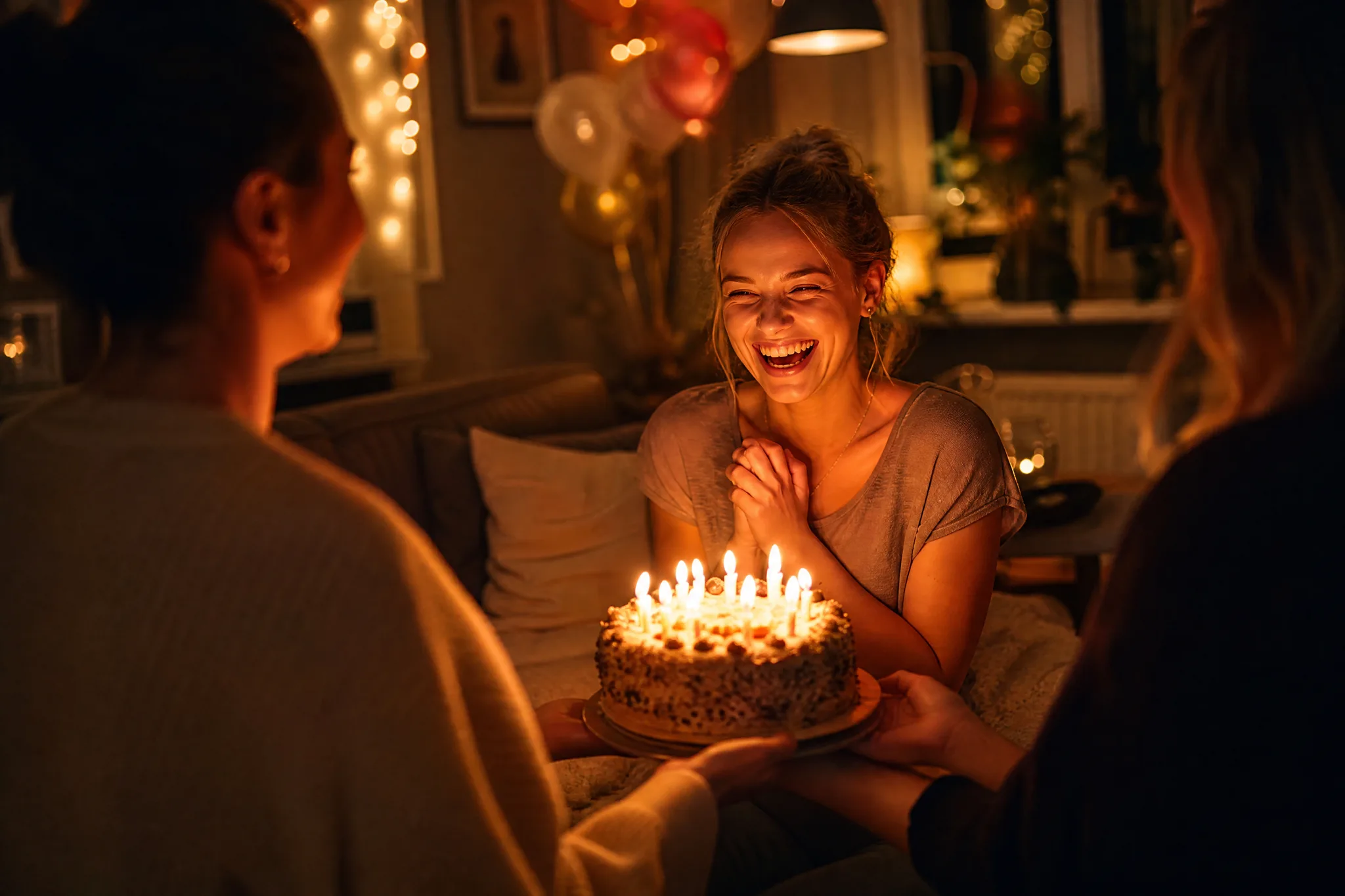 Young woman laughing in surprise as two friends carry a glowing candle-lit cake toward her under string lights