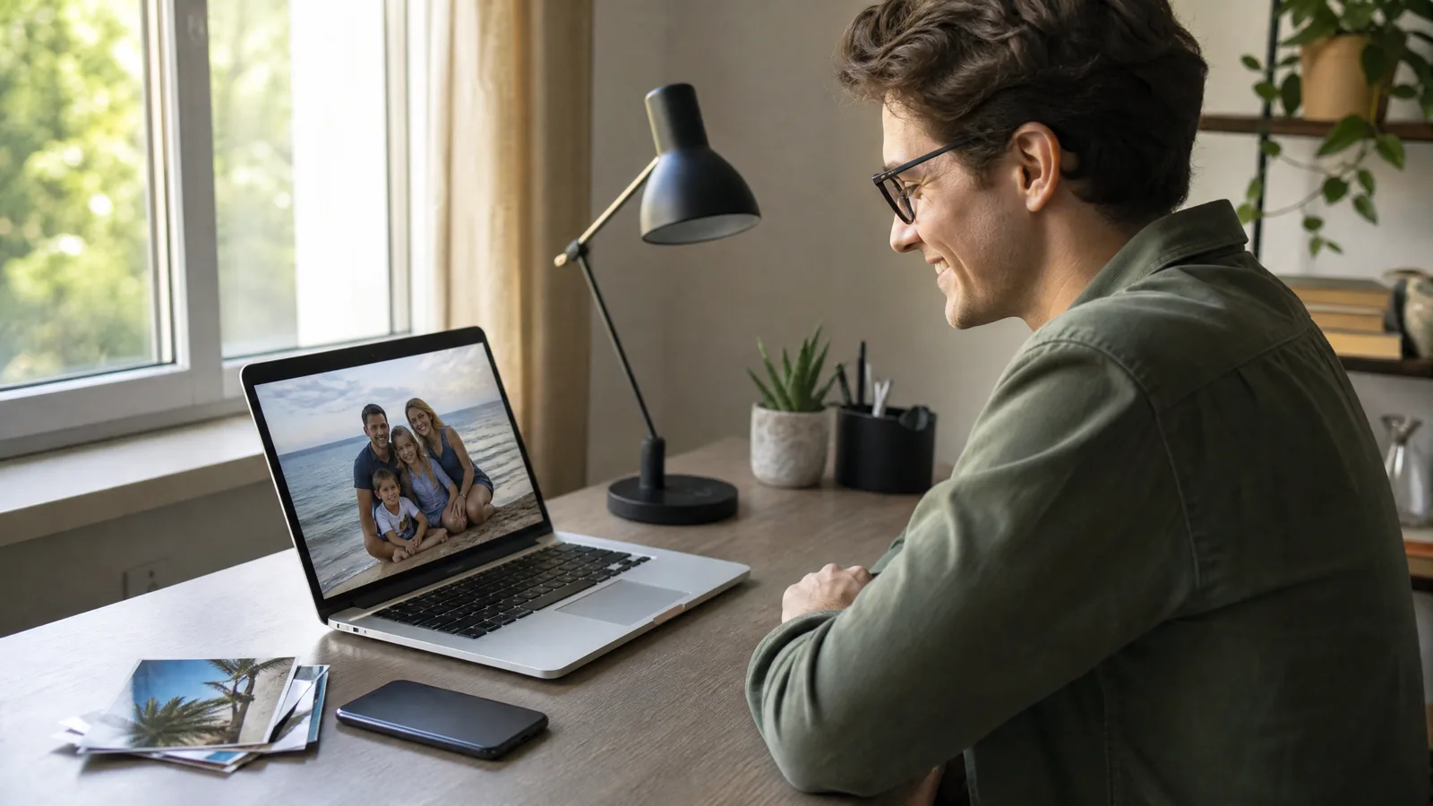 A man at a window desk smiles at a family beach photo on his laptop, printed photos and a phone beside it