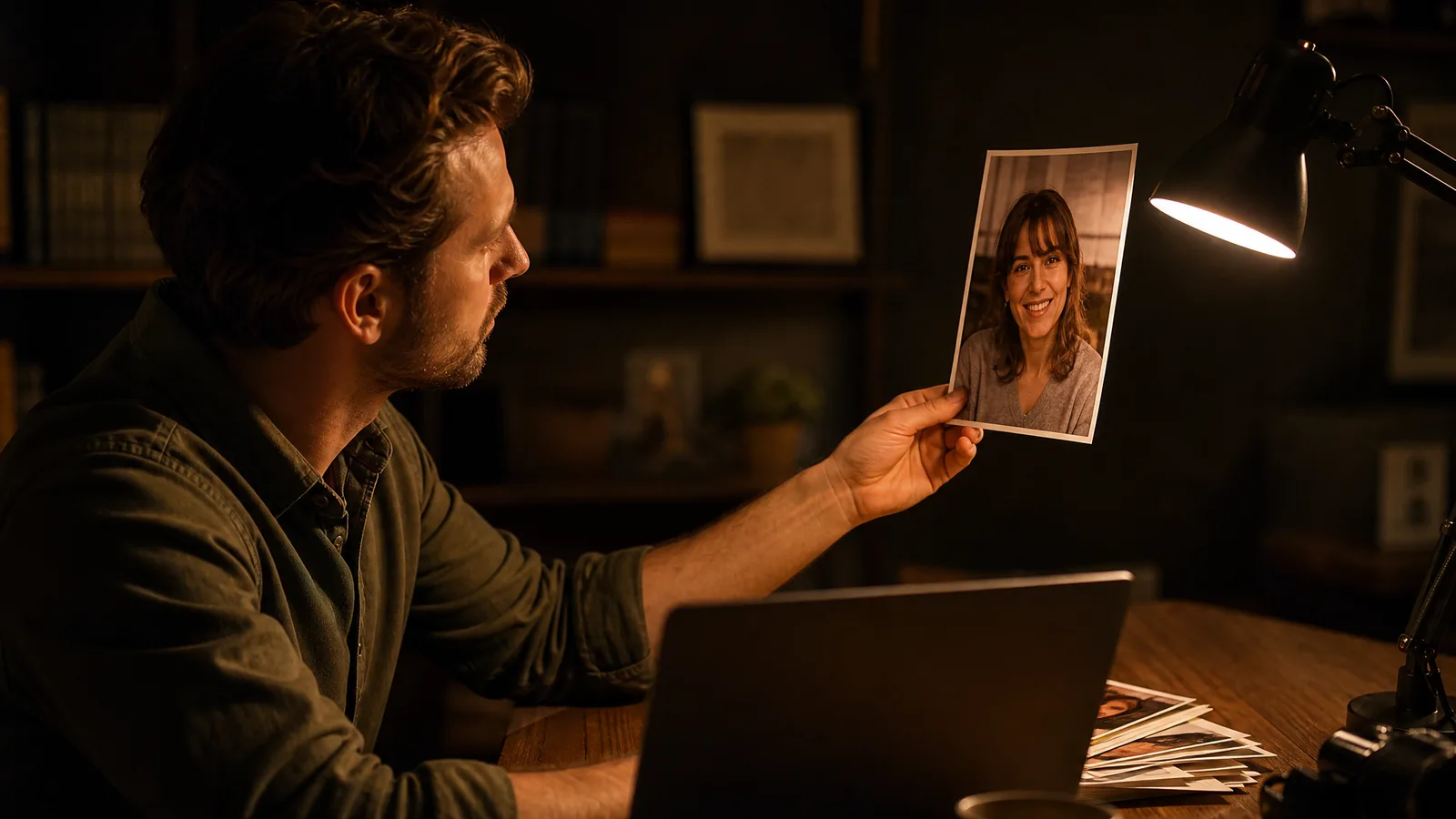 A man at a lamp-lit desk lifts a printed portrait of a smiling woman to inspect it, a laptop and stack of prints nearby