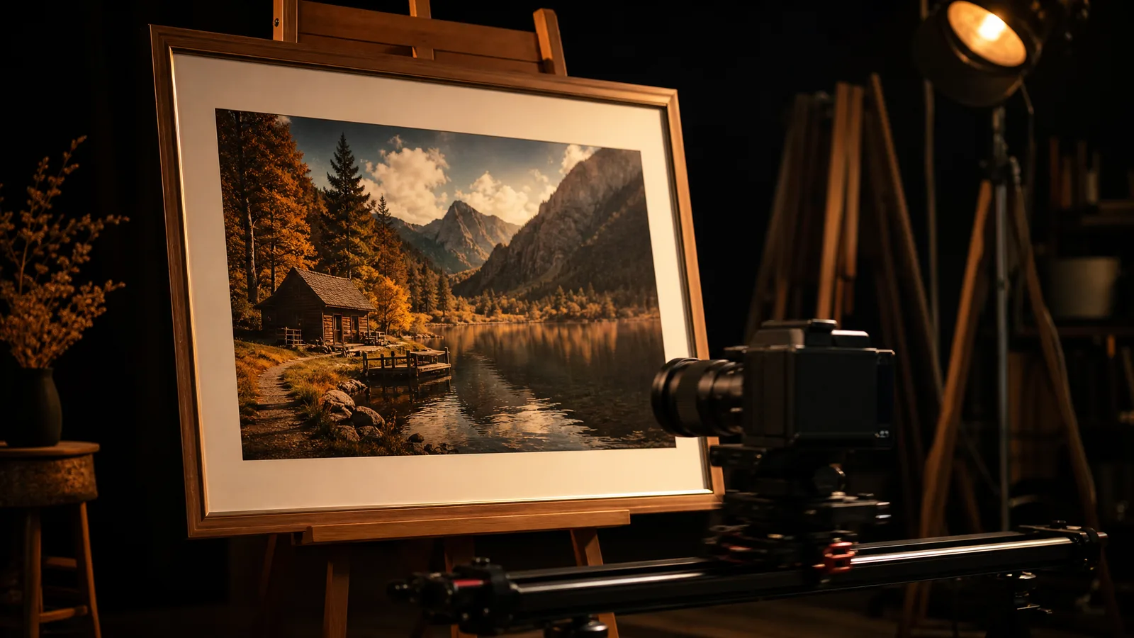 A camera on a motorized slider rail aimed at an easel holding a framed print of a cabin beside a mountain lake