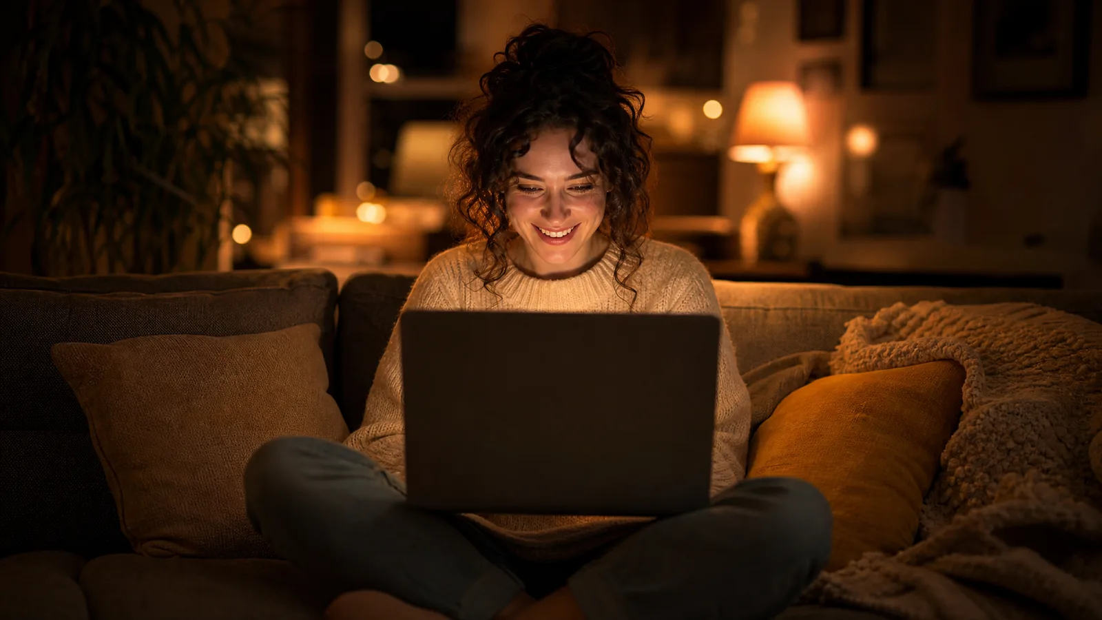 A curly-haired woman in a cream sweater sits cross-legged on a couch at night, smiling into the glow of a laptop
