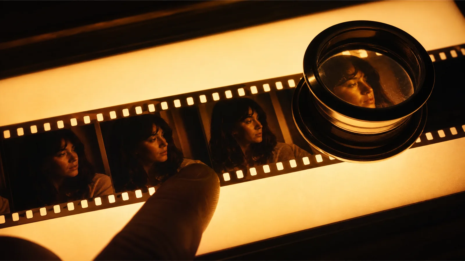 A fingertip beside a strip of film negatives on a glowing lightbox, each frame a woman turning her head, a loupe on top