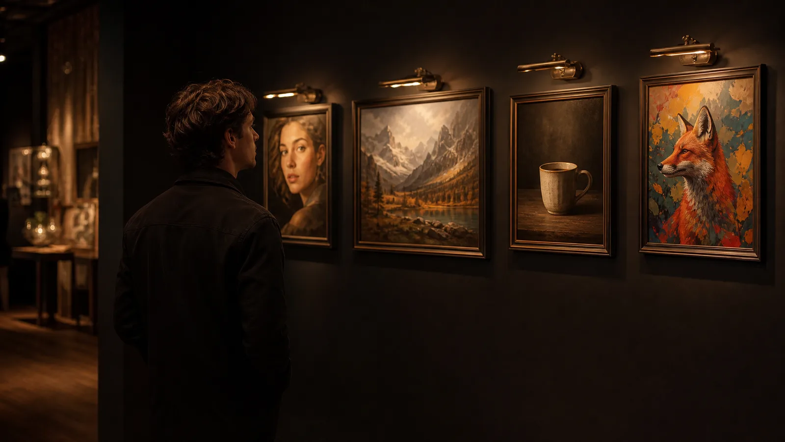 Seen from behind, a man in a dark gallery studies four lit frames: a woman's portrait, mountains, a coffee mug and a fox
