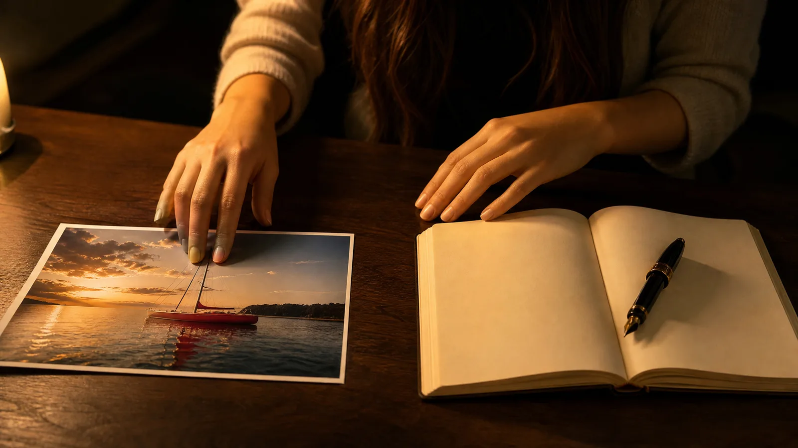 Two hands on a dark wooden desk, one on a print of a red sailboat at sunset, beside an open blank notebook and a black pen