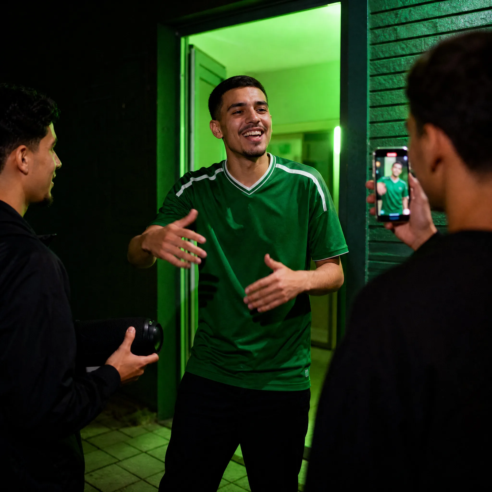 Man in a plain green football jersey grinning mid-rap at a green-lit doorway, a friend holding a speaker