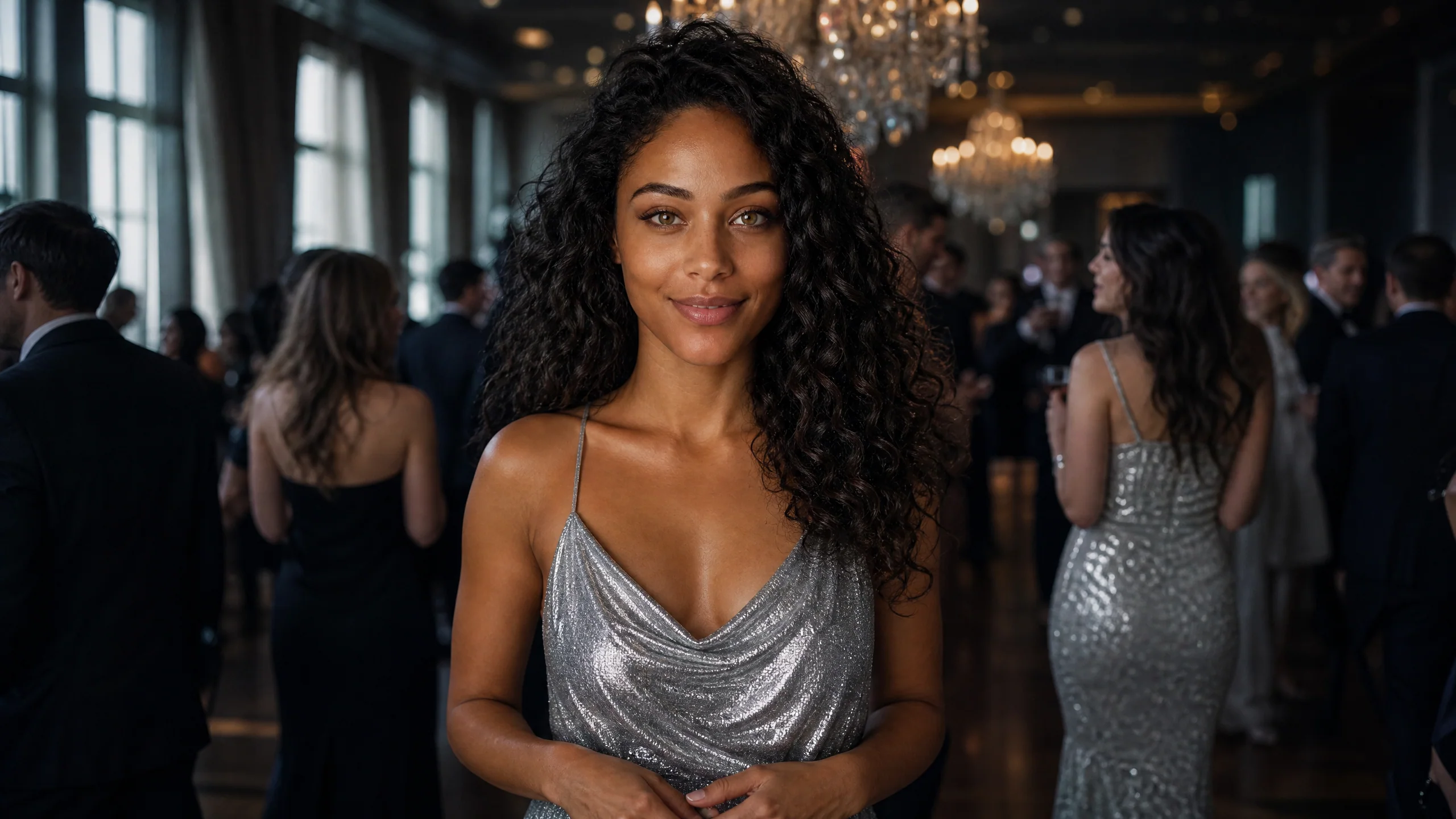 A silver-dressed young woman centered in a chandelier-lit reception hall with warm gold light and guests behind her