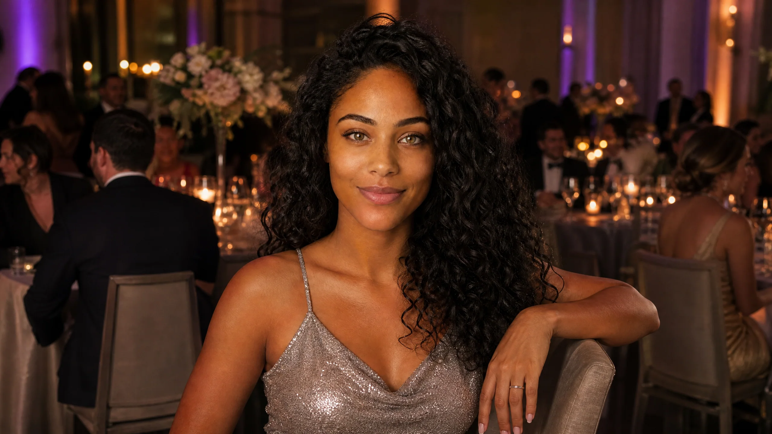 A young woman finishing a pose at a reception with subtle violet accent lights and neutral face lighting